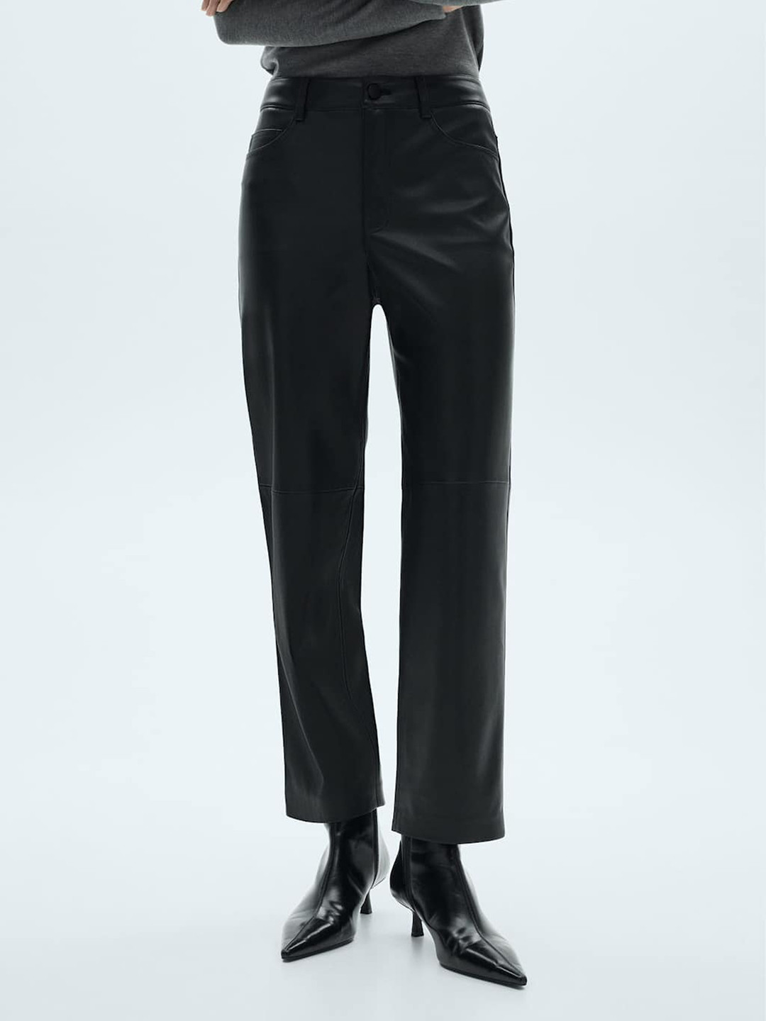 MANGO Women Straight Fit High-Rise Faux-Leather Trim Trousers