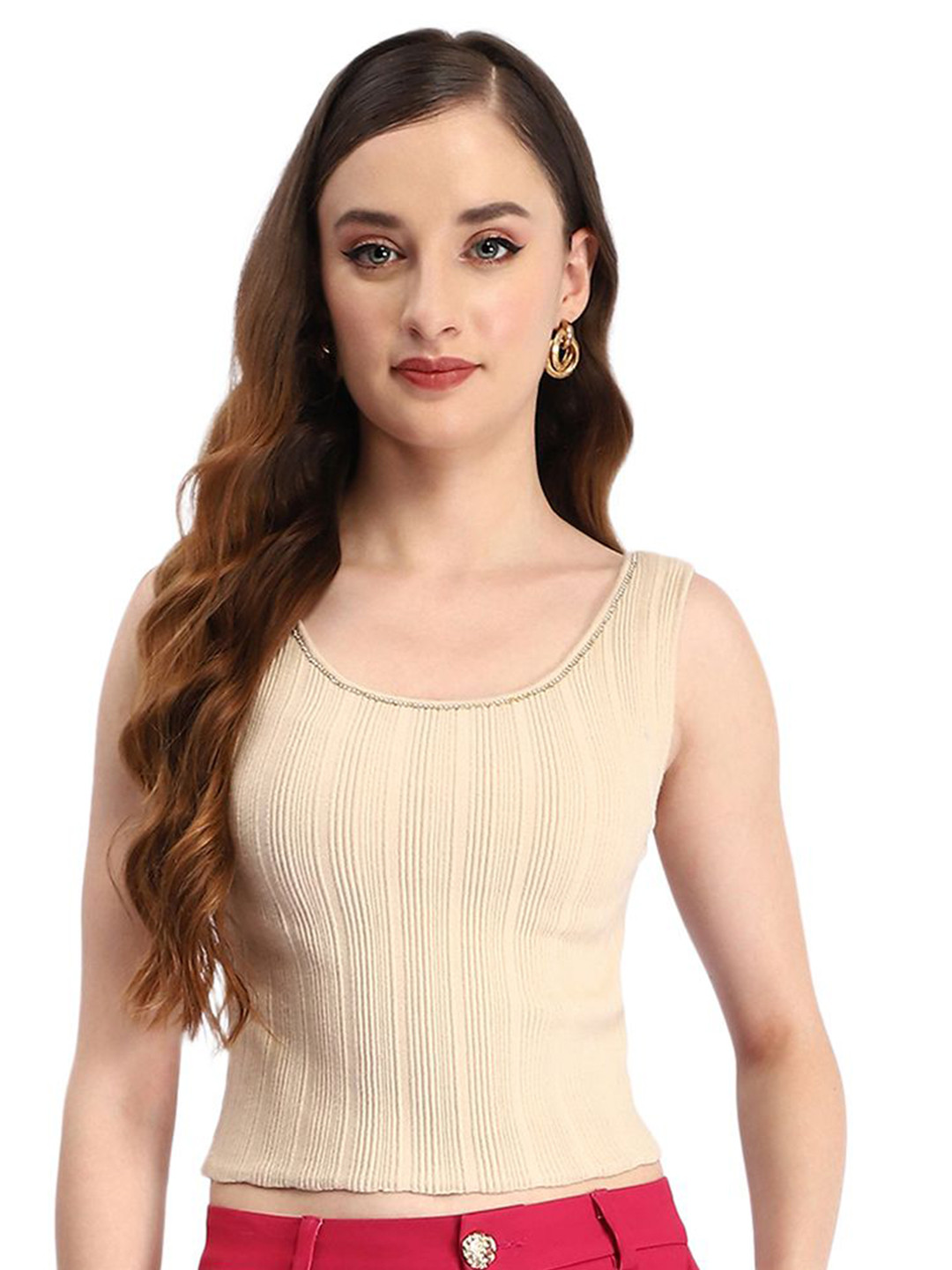 Madame Women Beige Scoop Neck Sleeveless Fitted Crop Top
