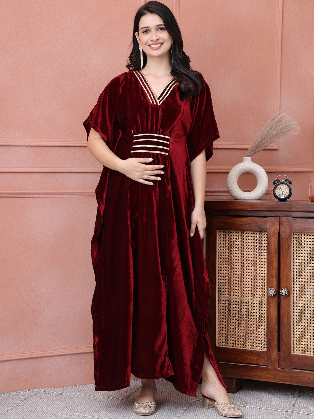 Secret Wish Women Velvet Maternity Kaftan Maxi Dress