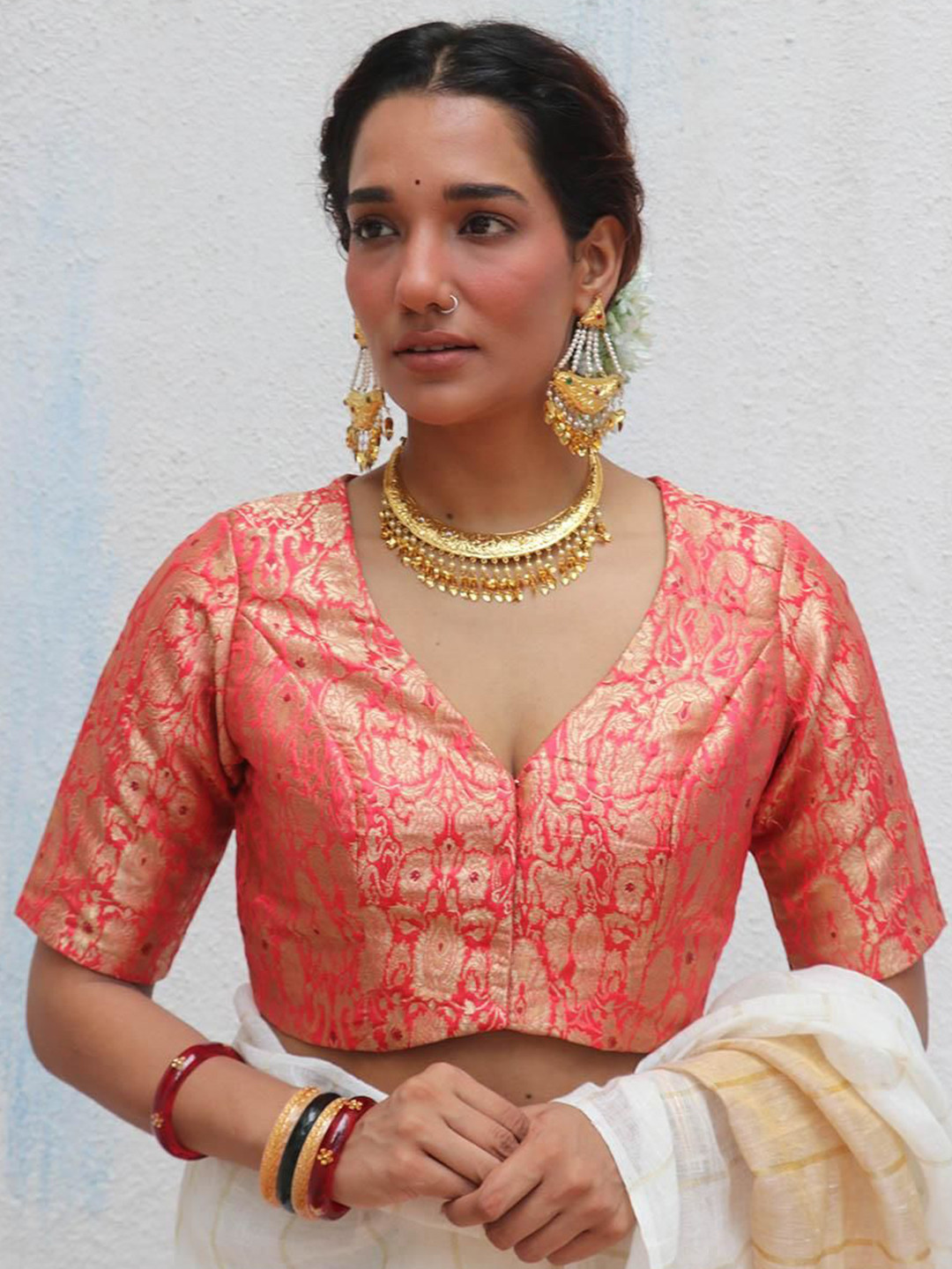 Chidiyaa Brocade Women Pink V Shaped Hook and Eye  Saree Blouse