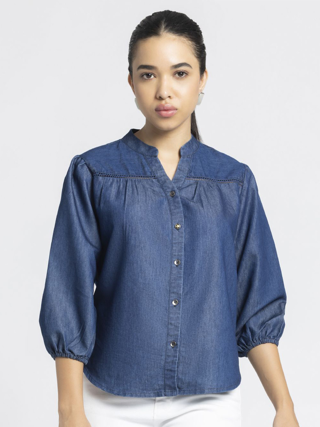 SHAYE Women Denim V-Neck Casual Top