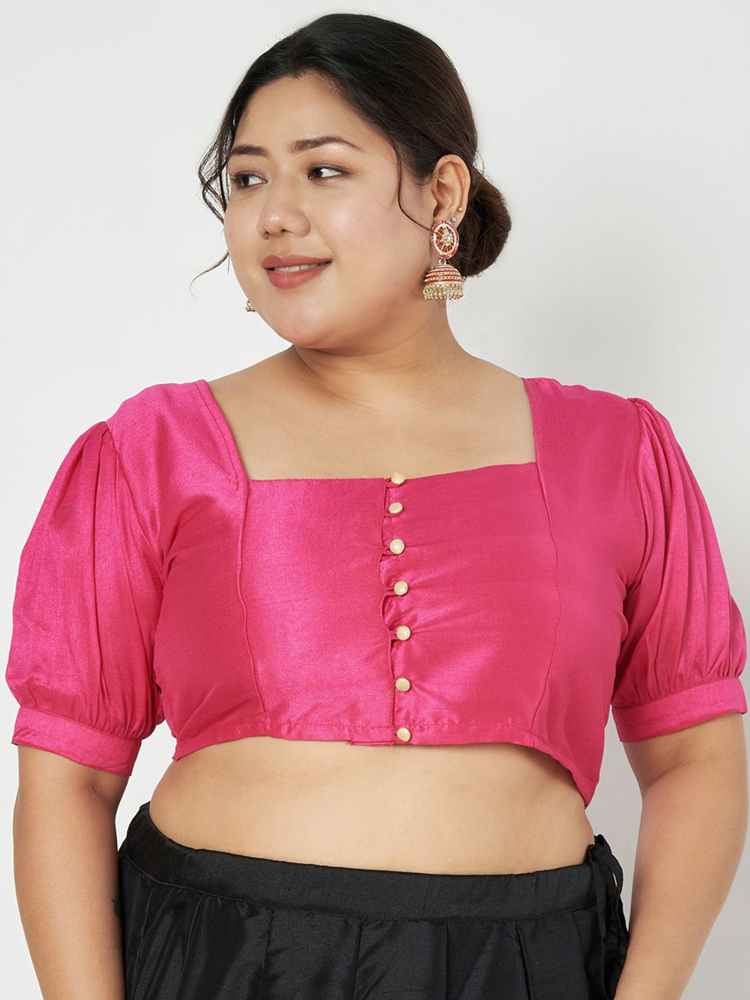 studio rasa Women Plus Size Puff Sleeve Sheen Crop Top