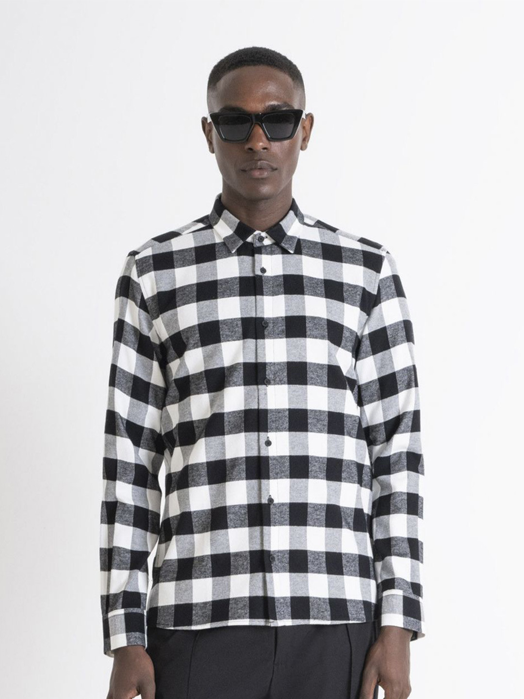 Antony Morato Men Spread Collar Buffalo Checked Cotton Casual Shirt