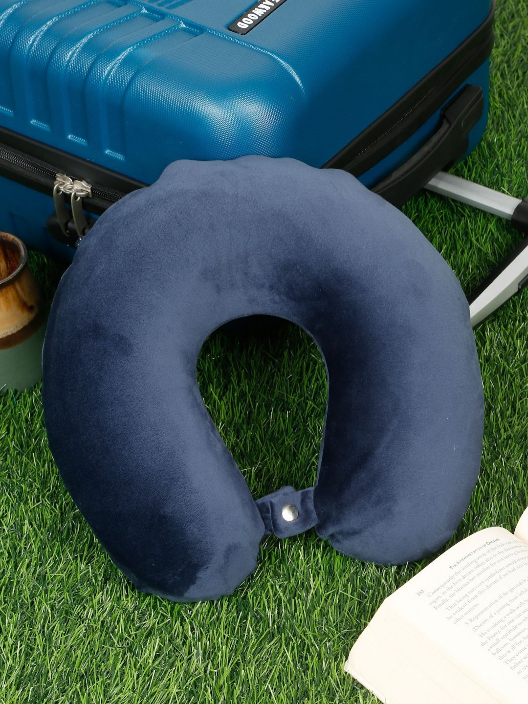 Teakwood Leathers Navy Blue Solid Faux Velvet Ultra Soft Memory Foam Travel Pillow-10 x 28 x 31 cm
