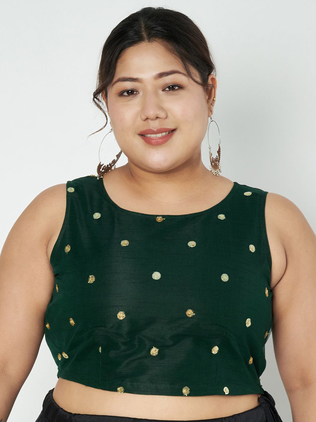 studio rasa Women Green Round neck Sleeveless Polka Dot Embroidered Net Crop Top