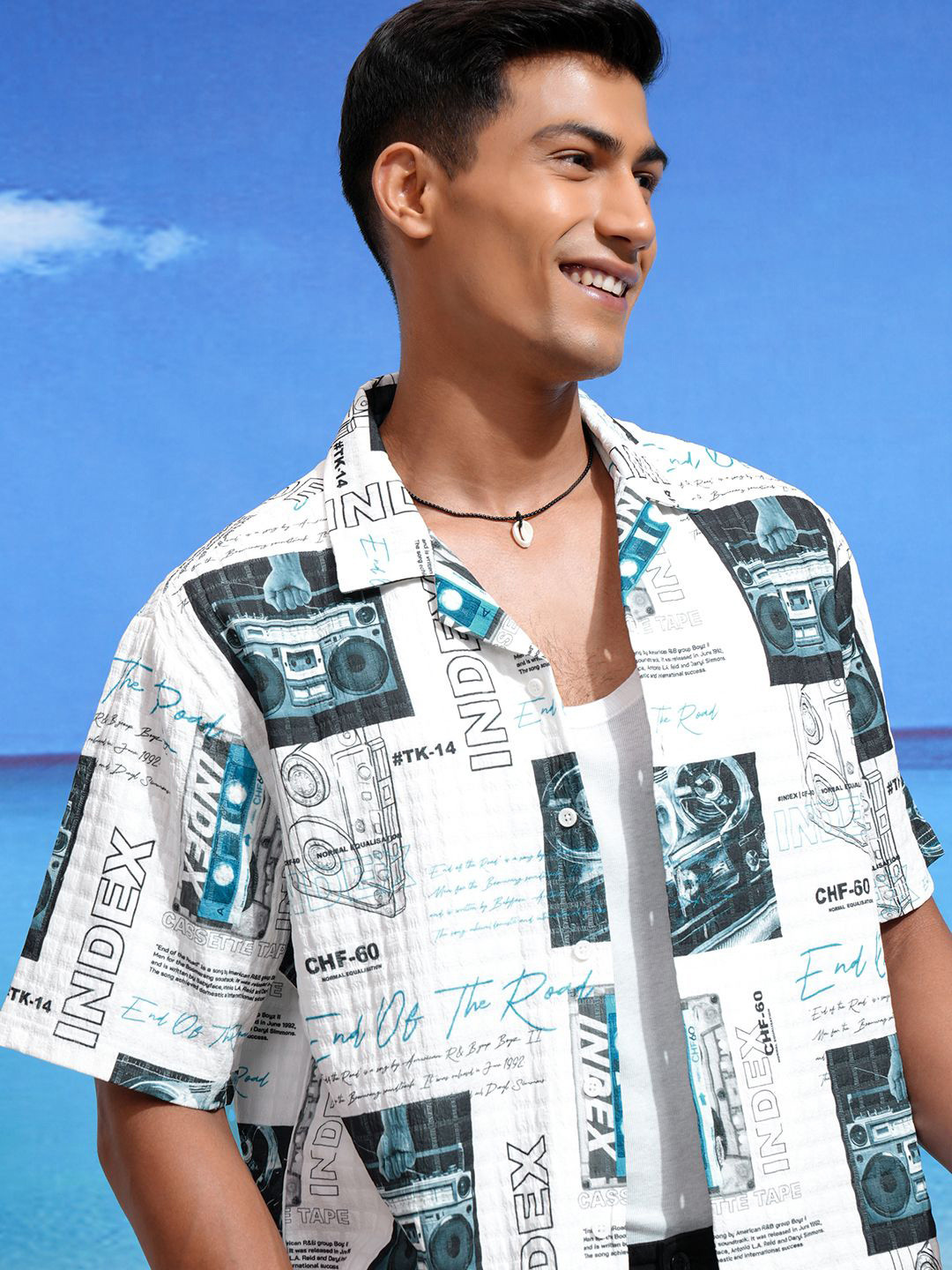 Highlander Men Popcorn Textured Printed Cuban Collar Boxy Regular Fit Shirt