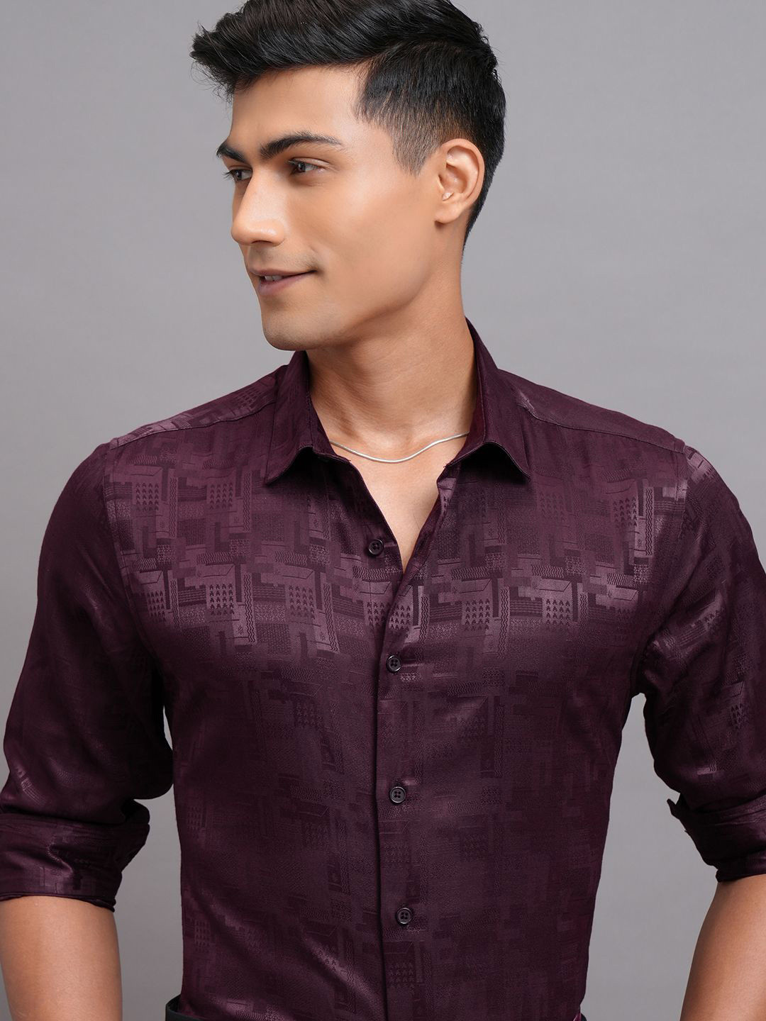 Highlander Men Burgandy Jacquard Textured Solid Occasion Shirt