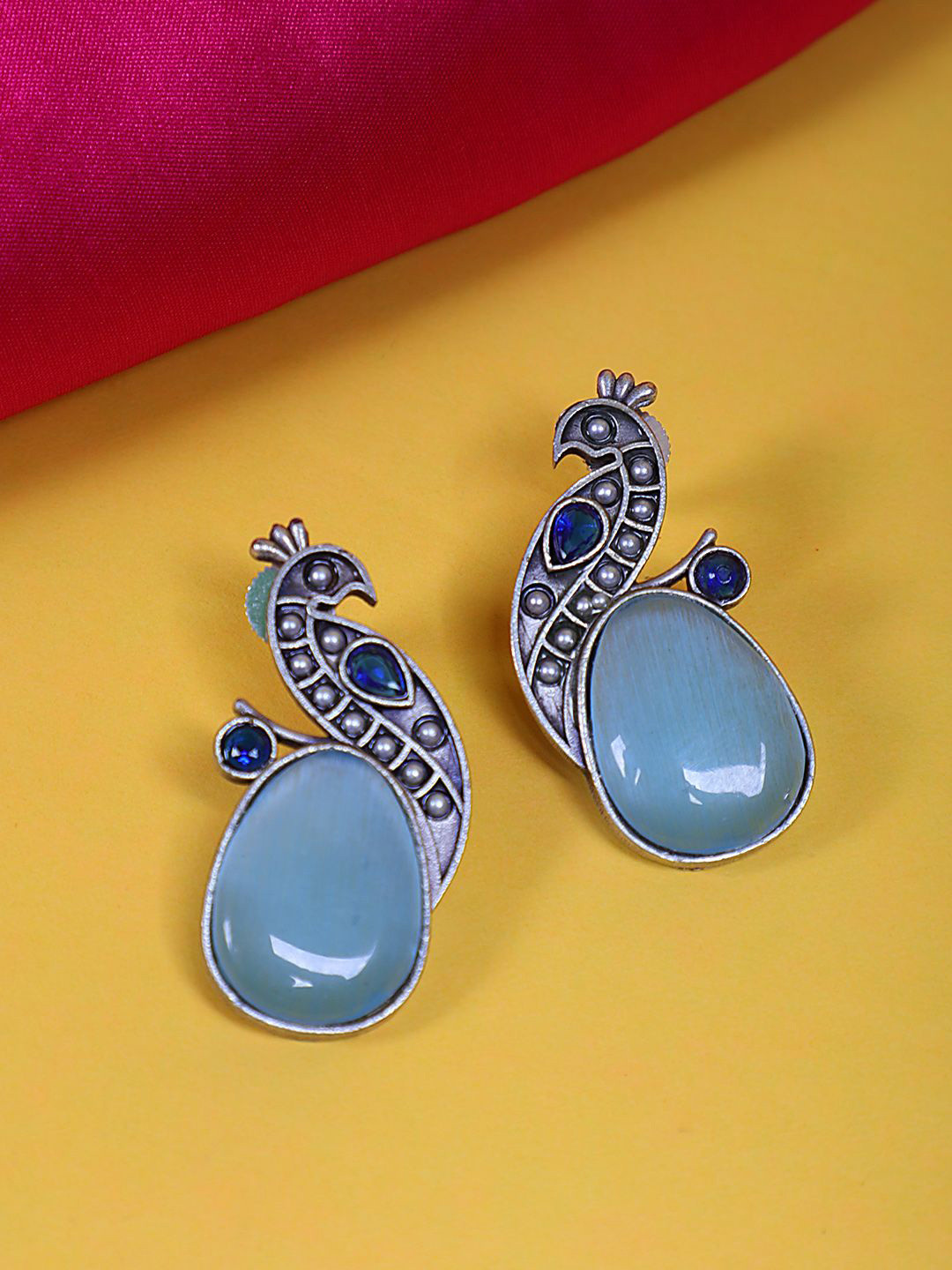FIROZA Silver-Plated Stone Studded & Beaded Teardrop Shaped Studs