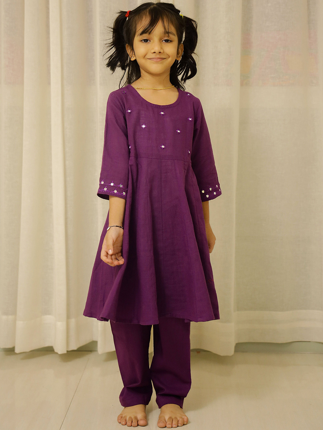 Hoshi by A&T Girls Geometric Yoke Design Pure Cotton Anarkali Kurta With Trousers