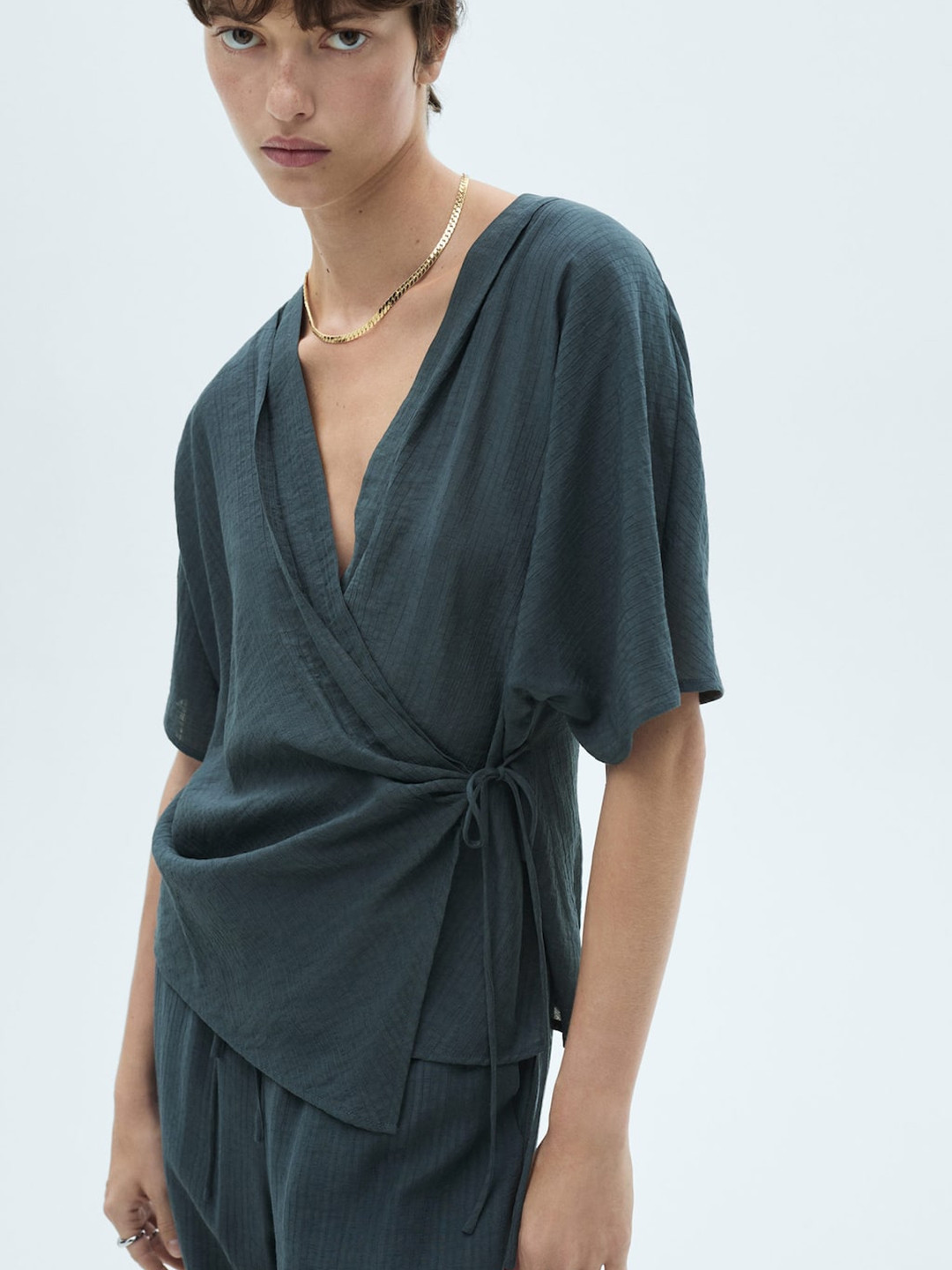 MANGO Flared Sleeve Wrap Top