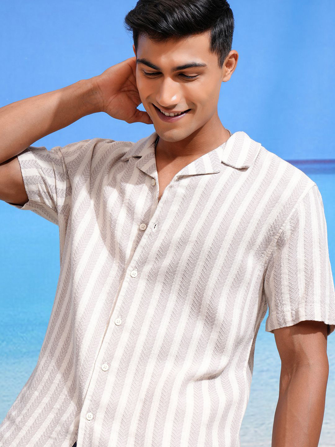 Highlander Men Chenile Yarn Textured Striped Casual Relaxed Fit Shirt