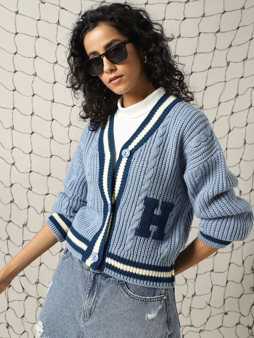 Hubberholme Women Varsity Boxy Fit Cable Knit Cardigan