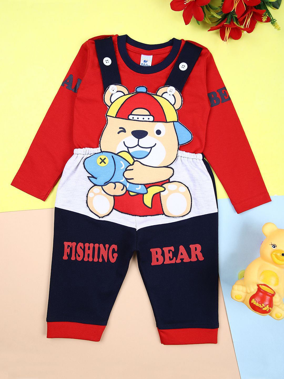 V-Mart Unisex Kids Graphic Printed Round Neck Dungaree With T-Shirt