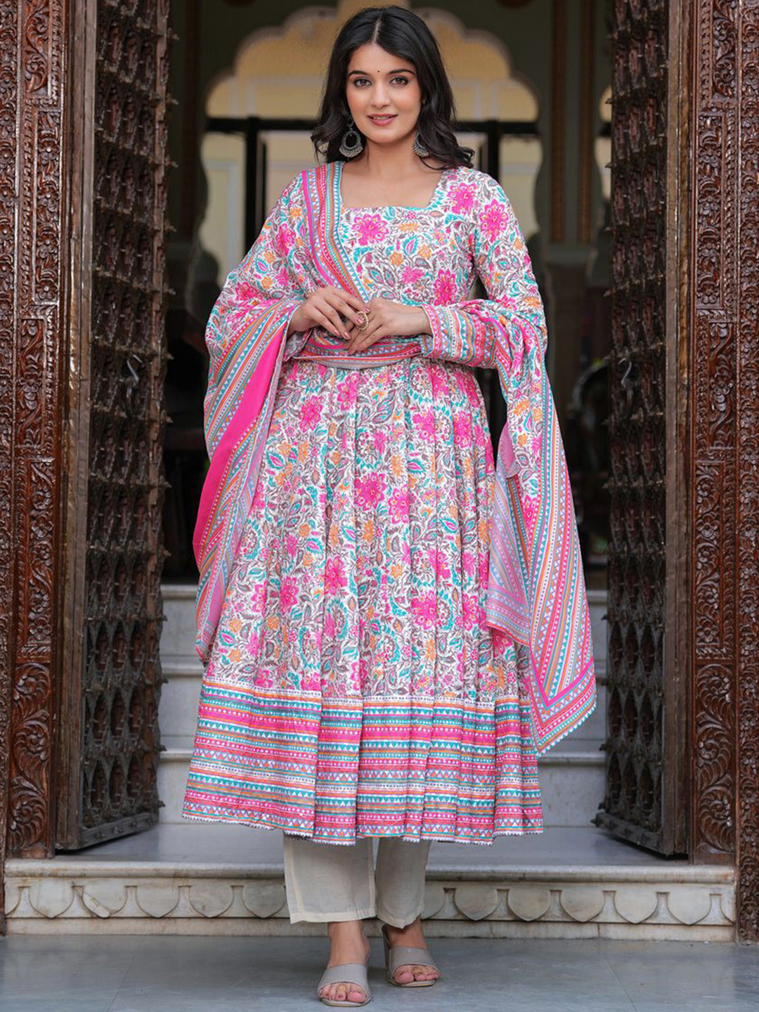 Sitaram Designer Floral Printed Long Sleeves Pure Cotton Kurta With Trouser With Dupatta