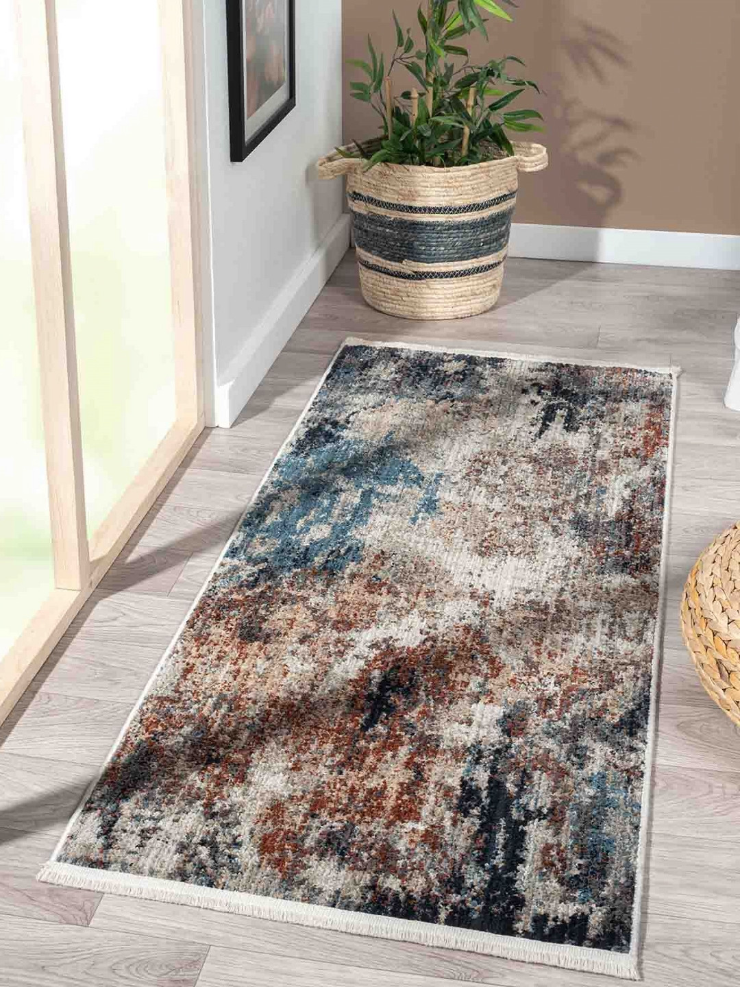 OBSESSIONS Teal-Blue & Cream-Colored Abstract Printed Bedside Runner