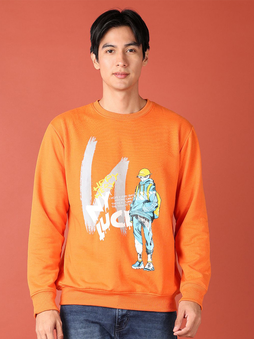 V-Mart Men Orange Round Neck Long Sleeves Printed Pullover Sweatshirt
