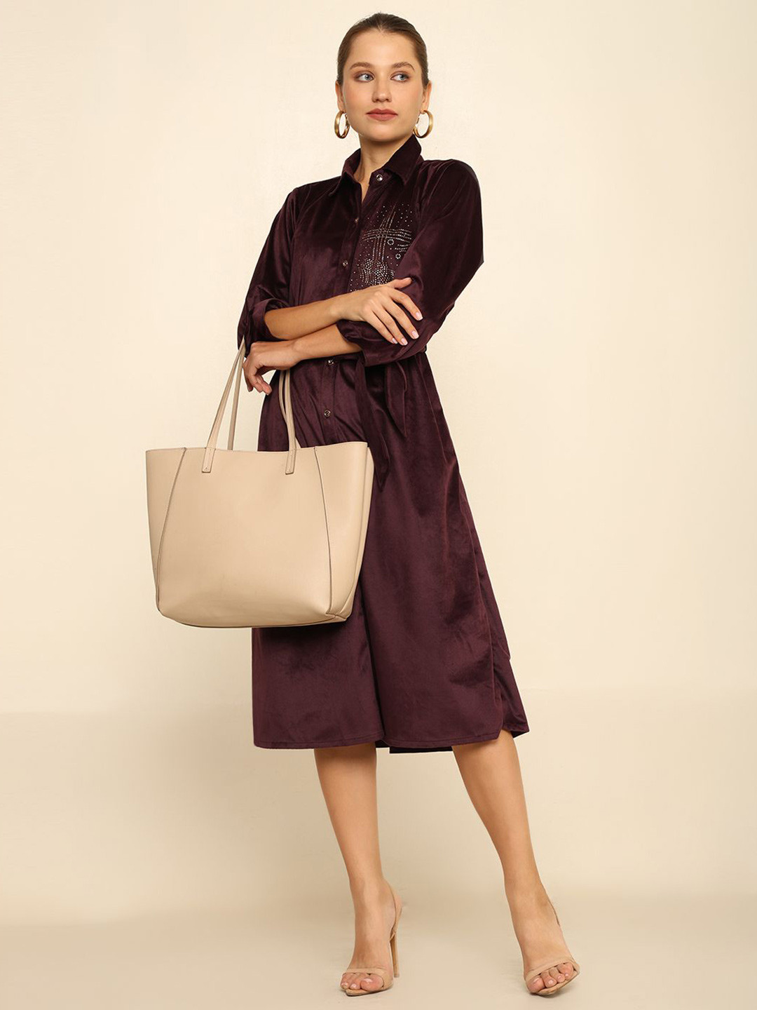 CRAFTBAZAR Embellished Shirt Collar Knee Length Shirt Dress With Tie-Ups