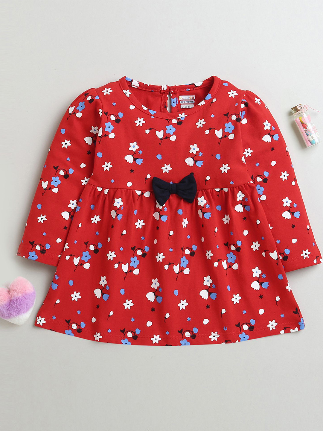 BUMZEE Girls Red Cotton Floral Print Round neck Full Sleeves A-Line Dress