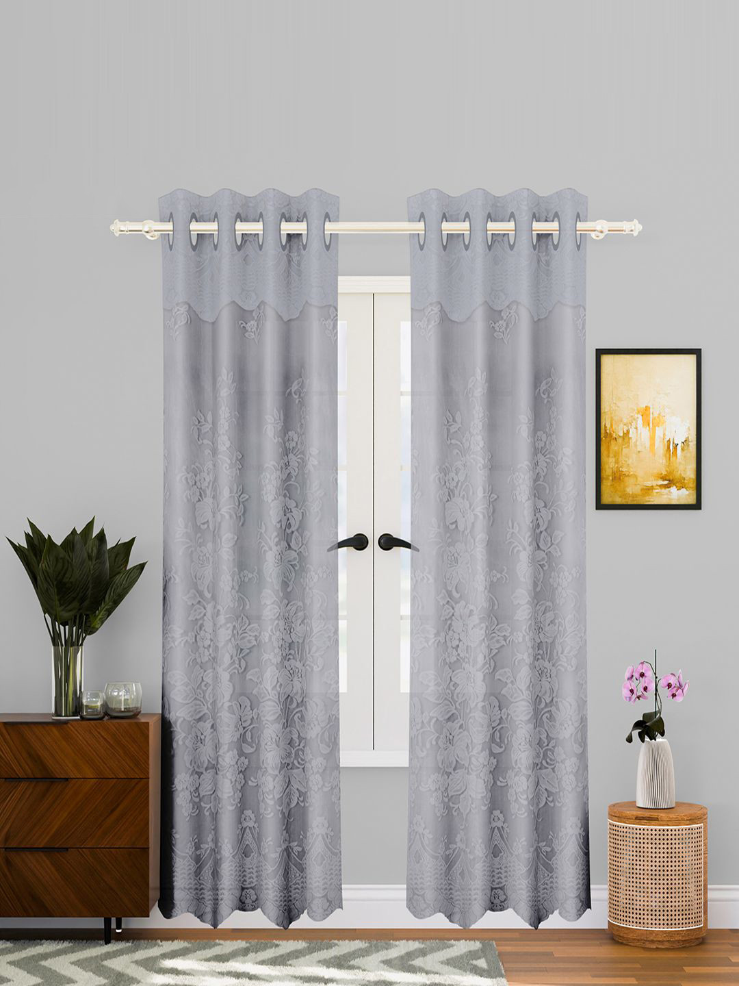 Kuber Industries Grey & White 2 Pieces Self Design Cotton Eyelet Door Curtains