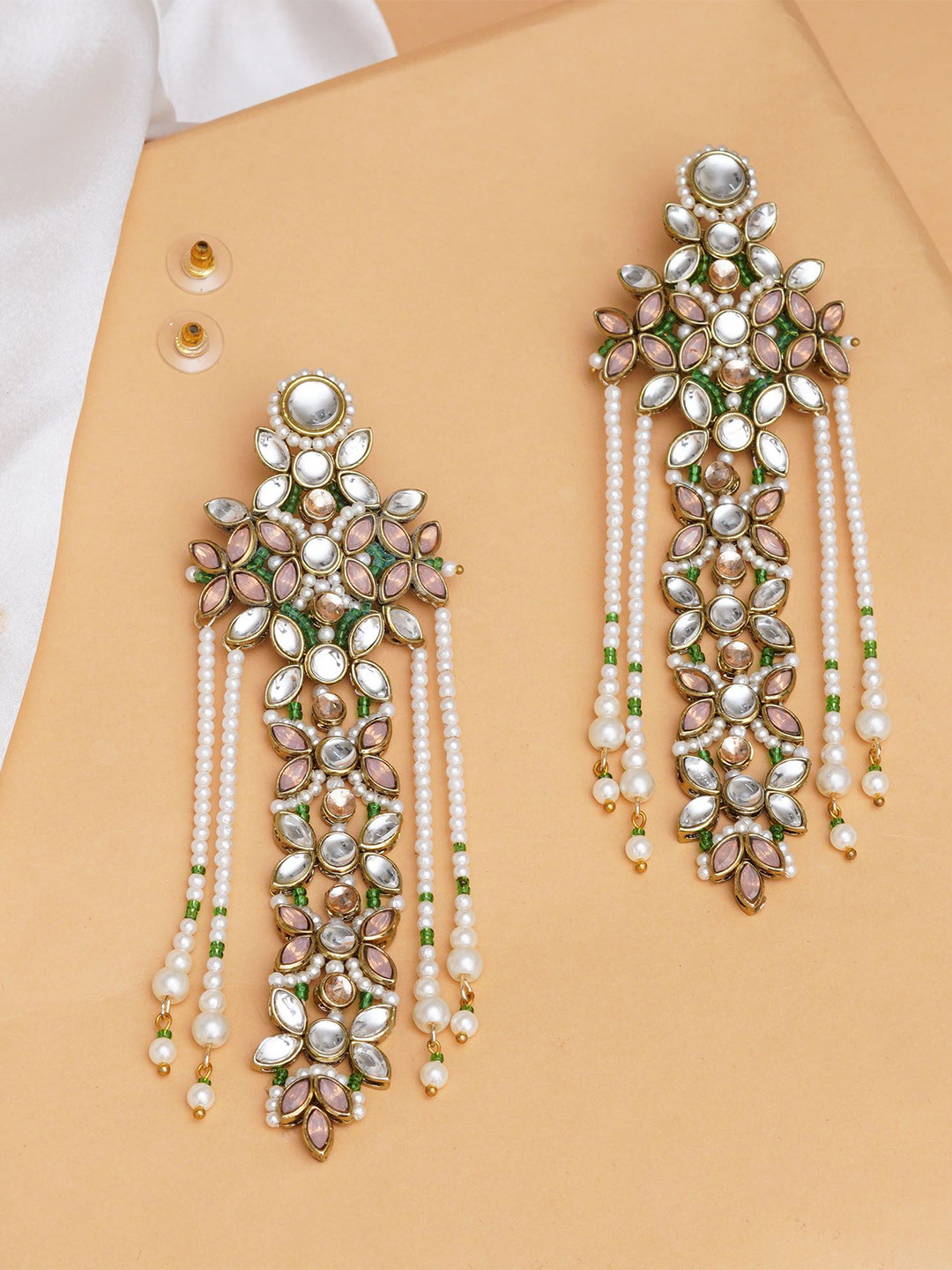 BeAbhika Gold-Plated Floral Kundan Stone Studded & Pearls Beaded Drop Earrings