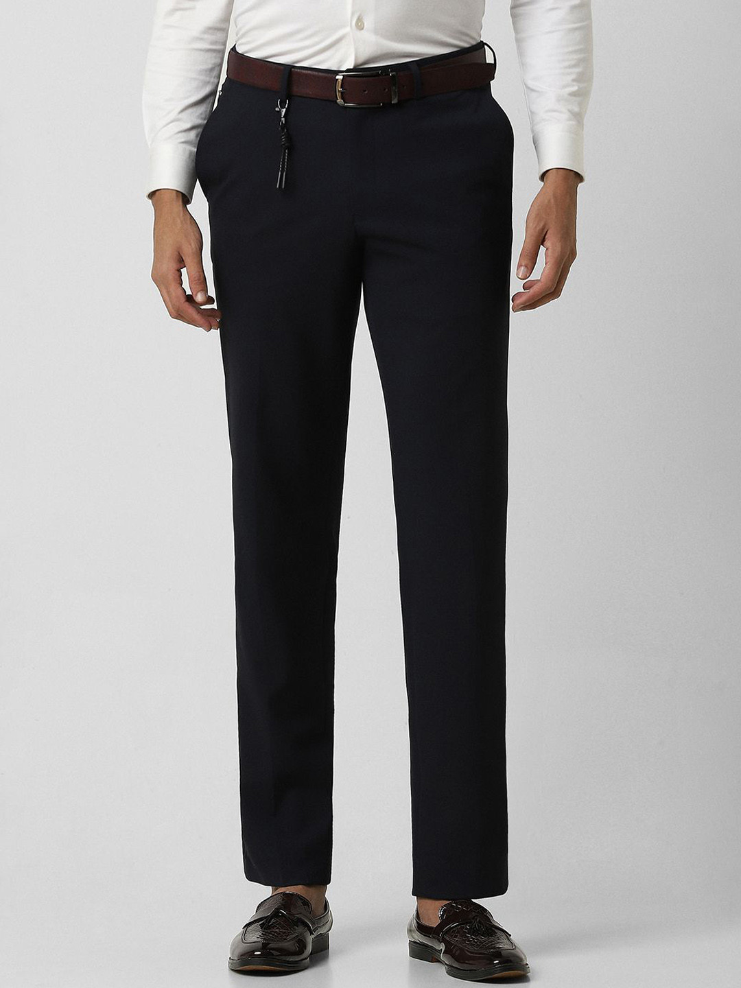 Van Heusen  Men Navy Blue Slim Fit Mid-Rise Plain Trousers