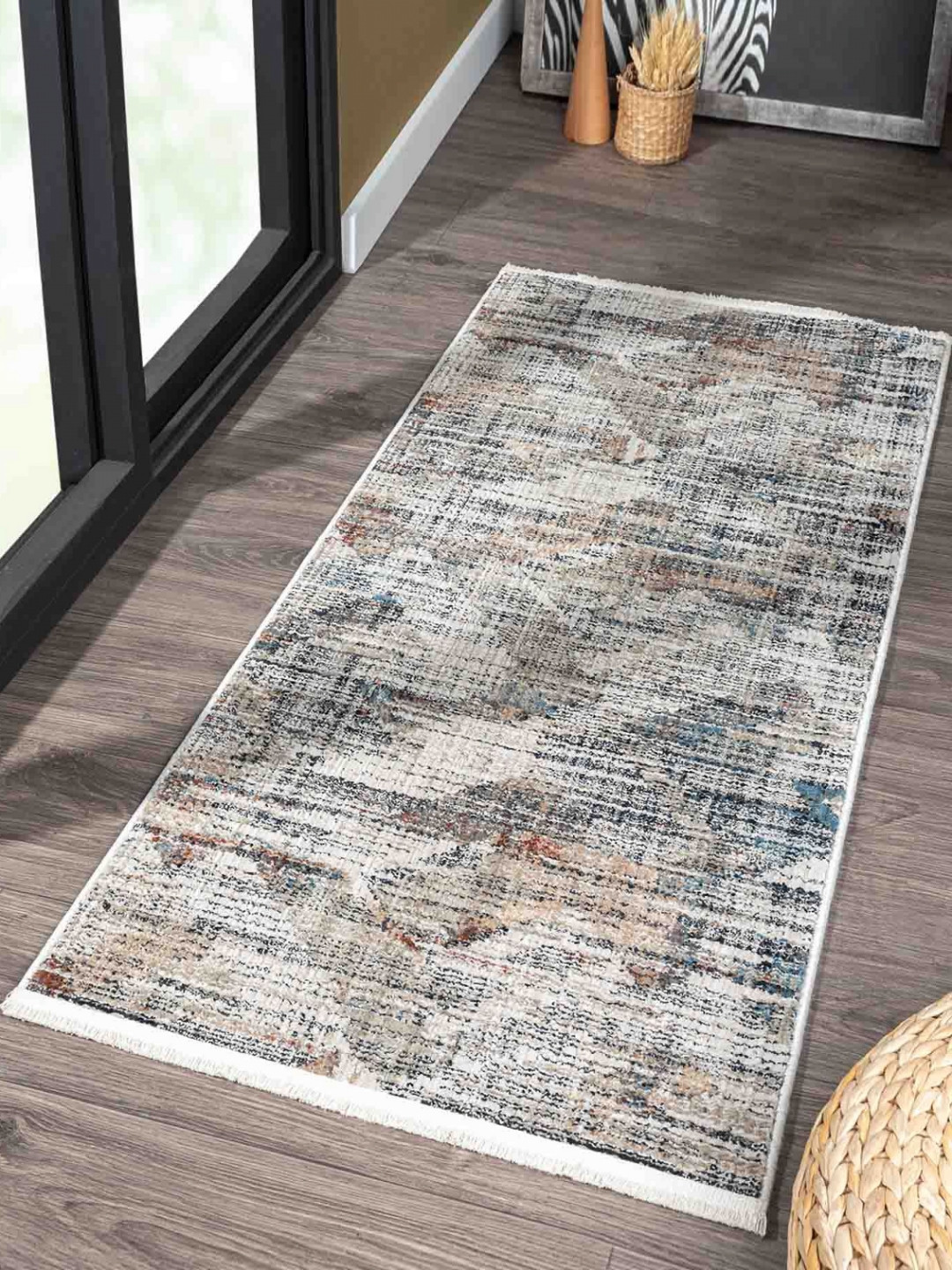 OBSESSIONS Cream-Colored & Blue Abstract Printed Bedside Runner