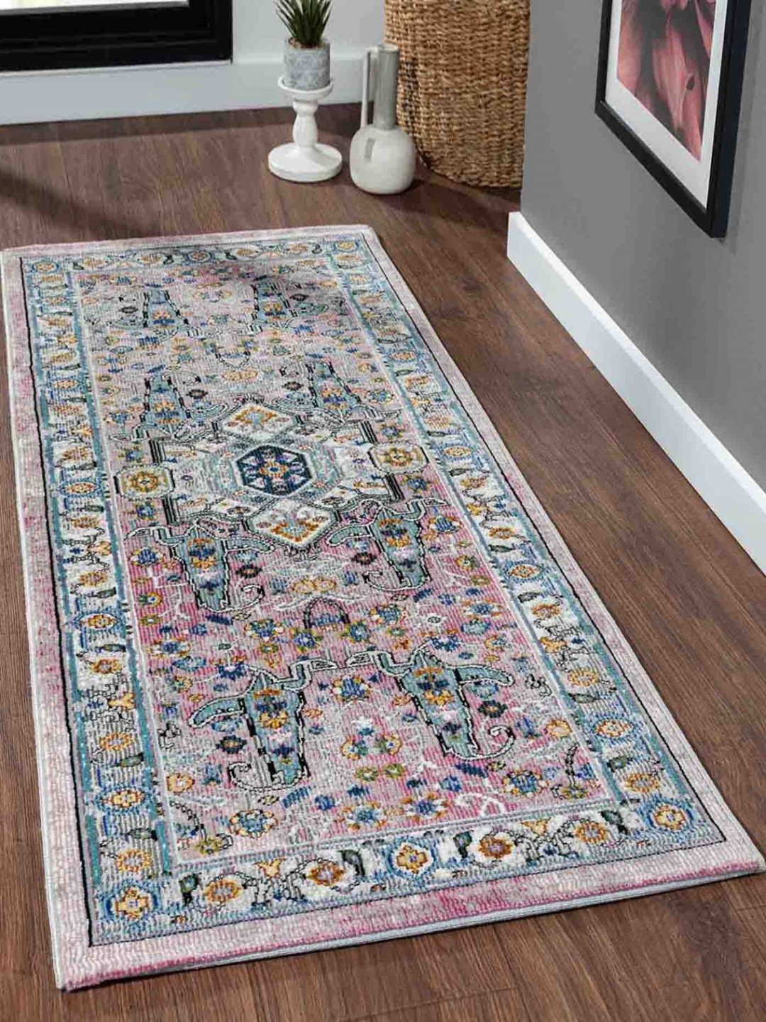 OBSESSIONS Pink & Blue Ethnic Motifs Printed Anti-Static Bedside Runner