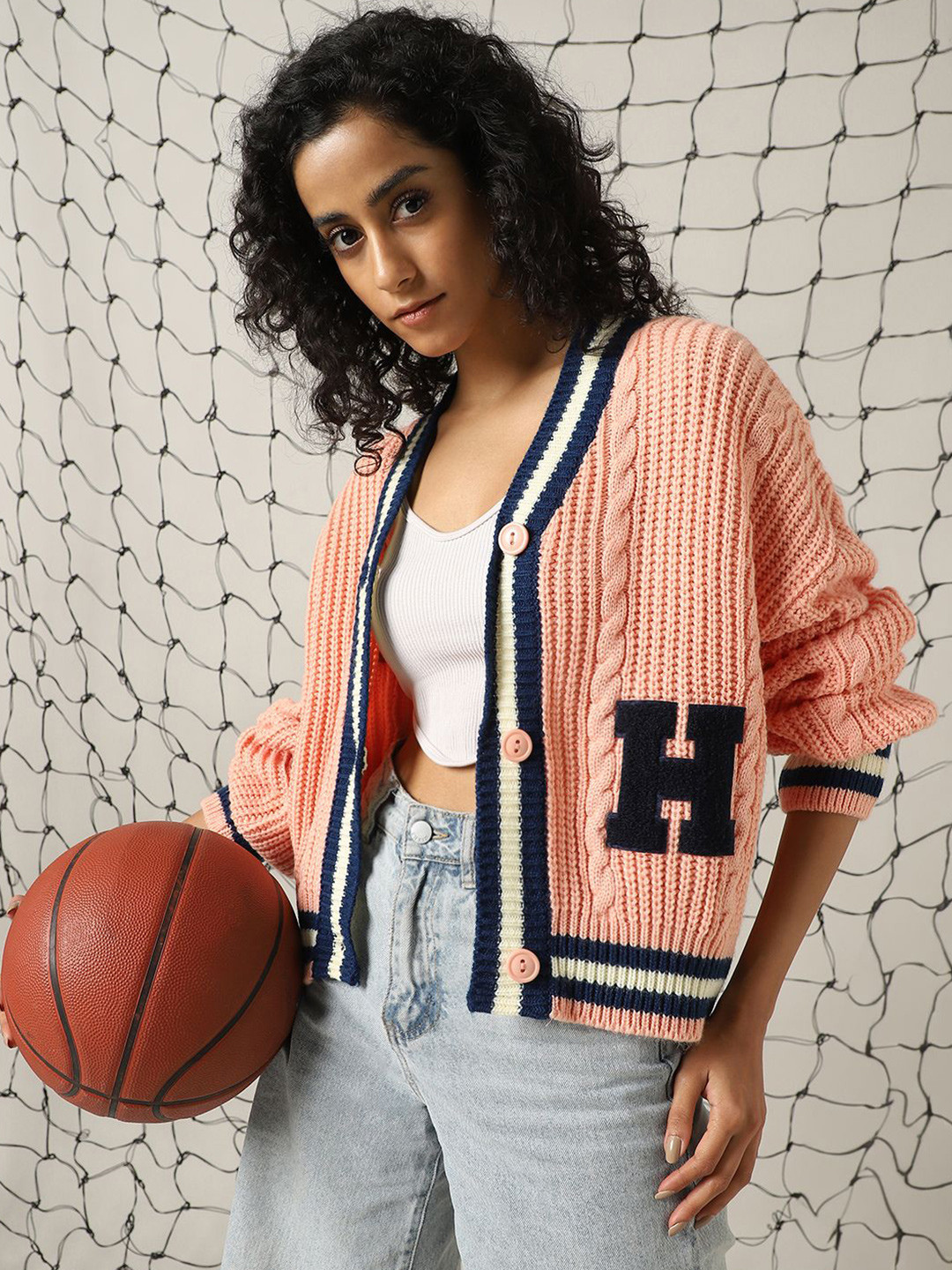 Hubberholme Women Varsity Boxy Fit Cable Knit Cardigan