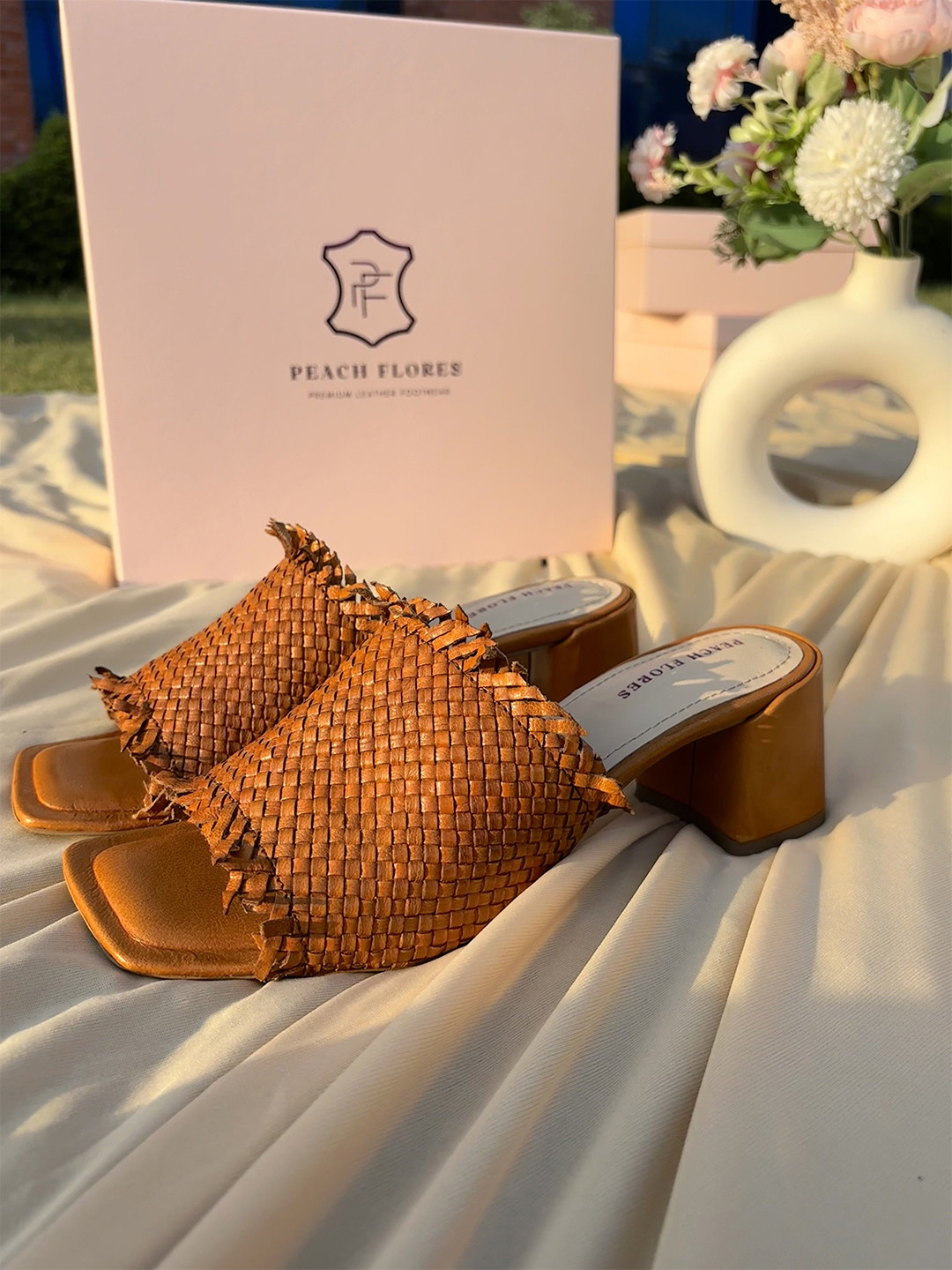 Peach Flores Women Woven Leather Block Heeled Sandals