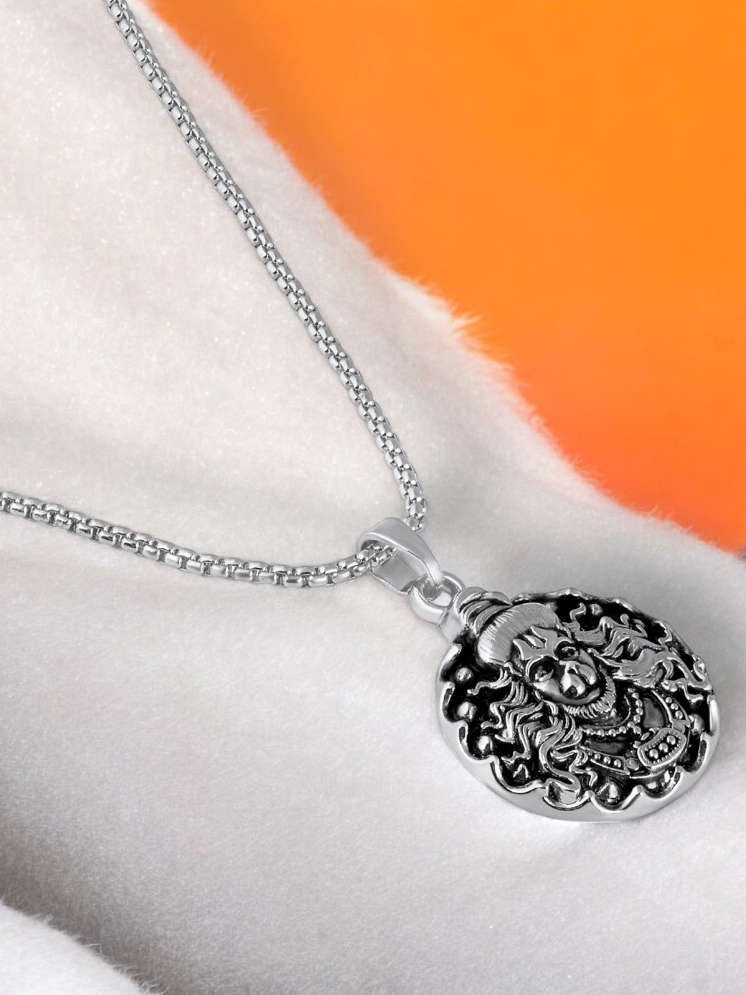 Mahi Rhodium-Plated Circular Bajrangbali Hanuman Oxidised Pendant with Chain