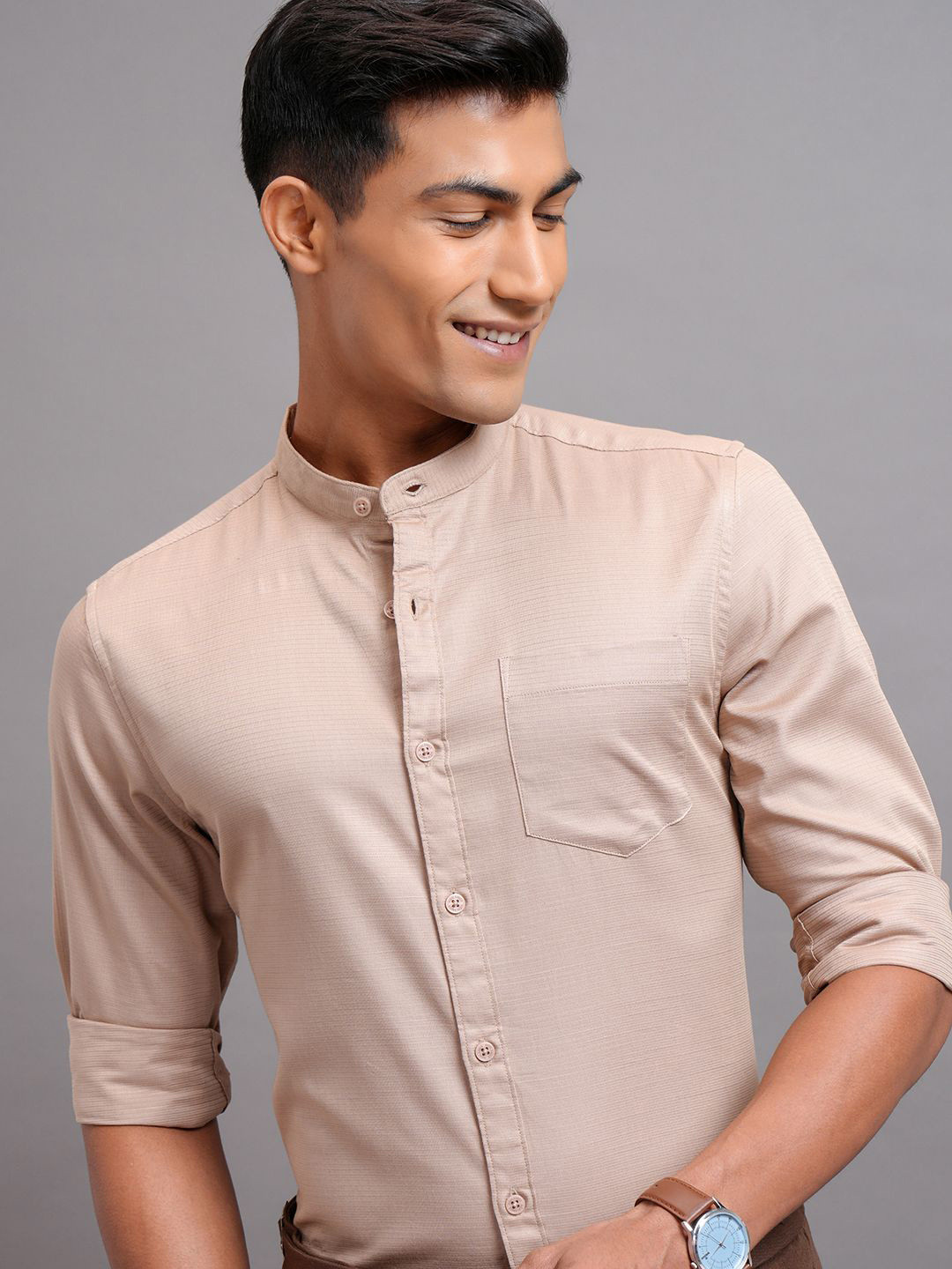 Highlander Men Jacquard Textured Solid Mandarin Collar Casual Shirt