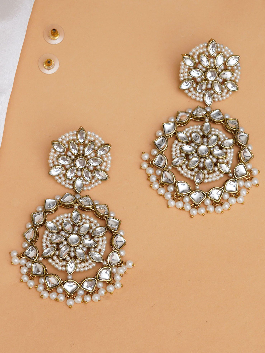 BeAbhika Gold-Plated Floral Kundan Stone Studded & Pearls Beaded Drop Earrings
