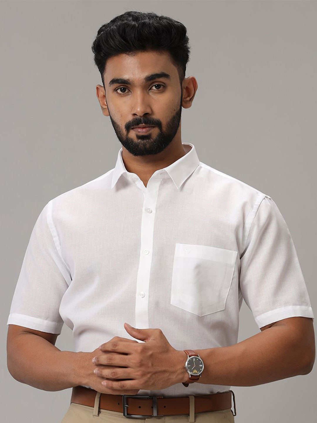 Viveagham Men Comfort Spread Collar Solid Cotton Formal Shirt