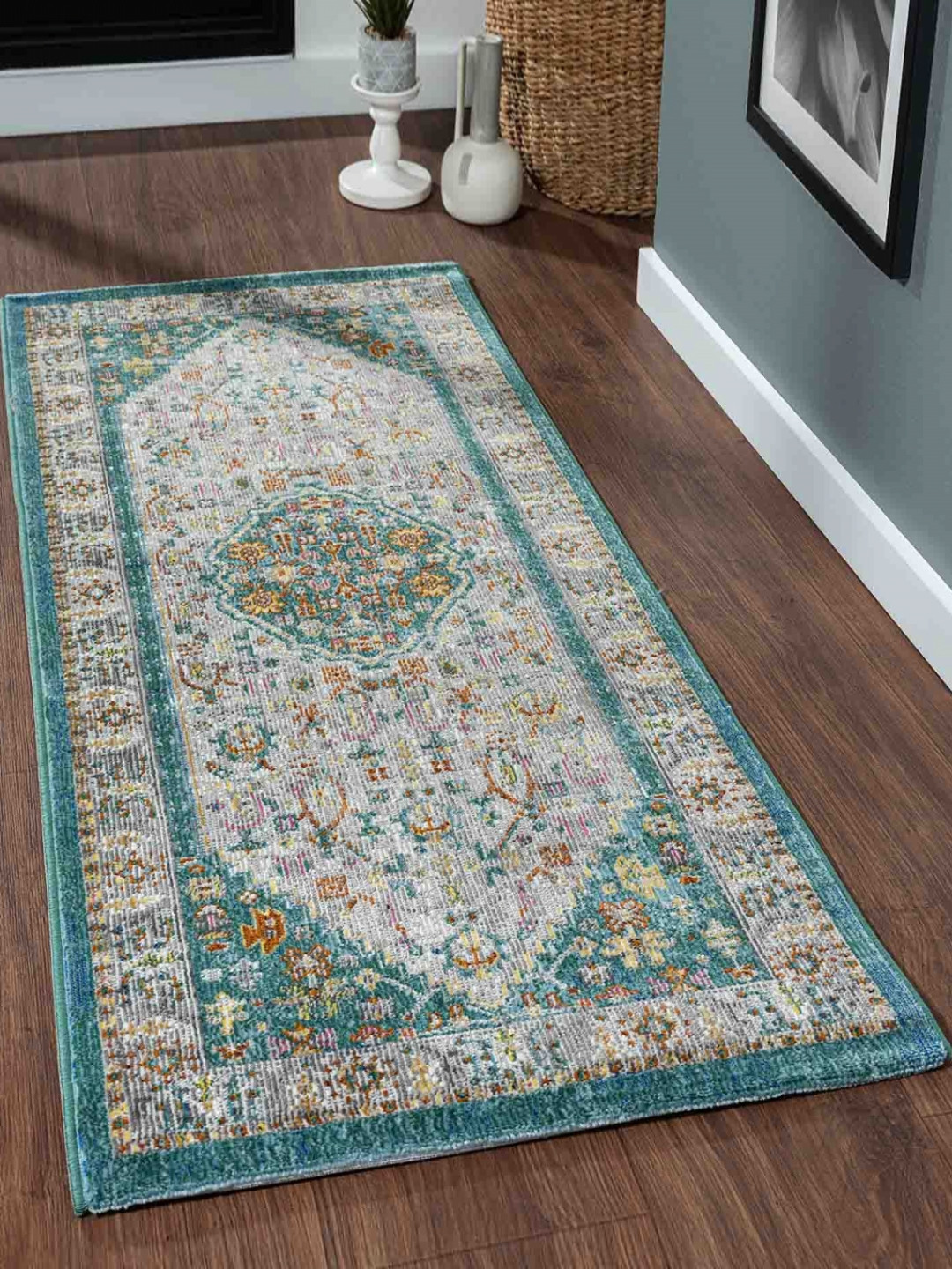 OBSESSIONS Teal- Green & White Floral Printed Anti Skid Bedside Runner