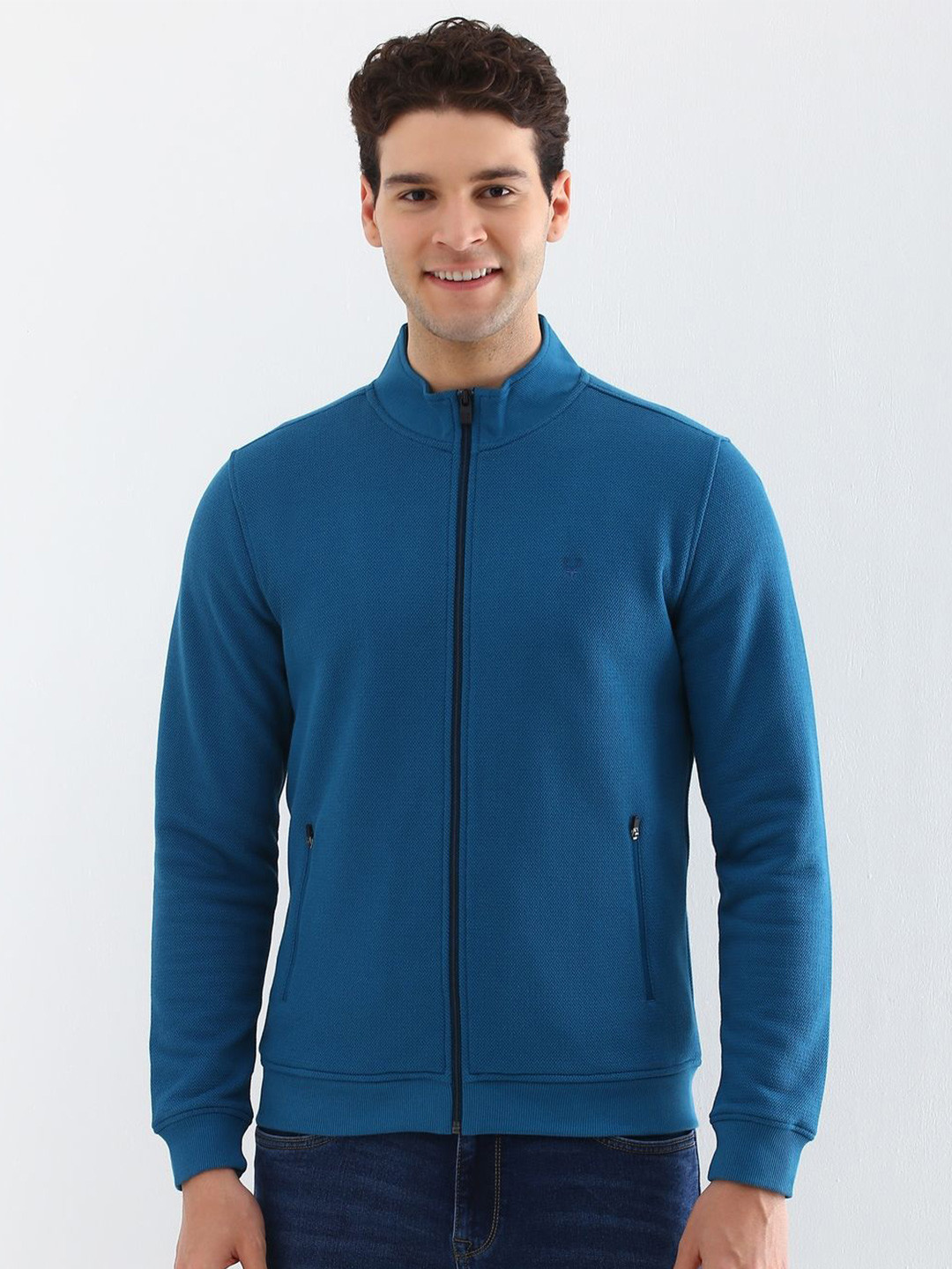 Allen Solly Men Blue High Neck Long Sleeves Front-Open Sweatshirt