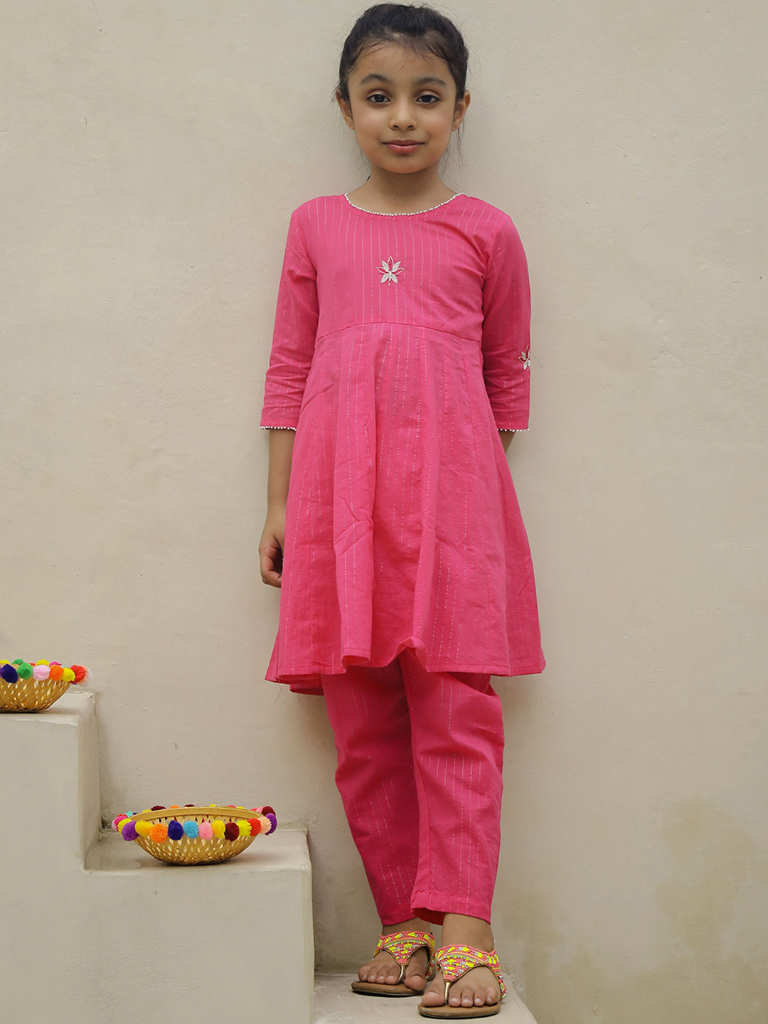 Hoshi by A&T Girls Embroidered Thread Work Pure Cotton Anarkali Kurta With Trousers