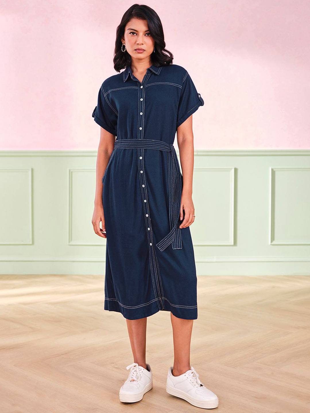 AND Women Solid Denim Midi Dress