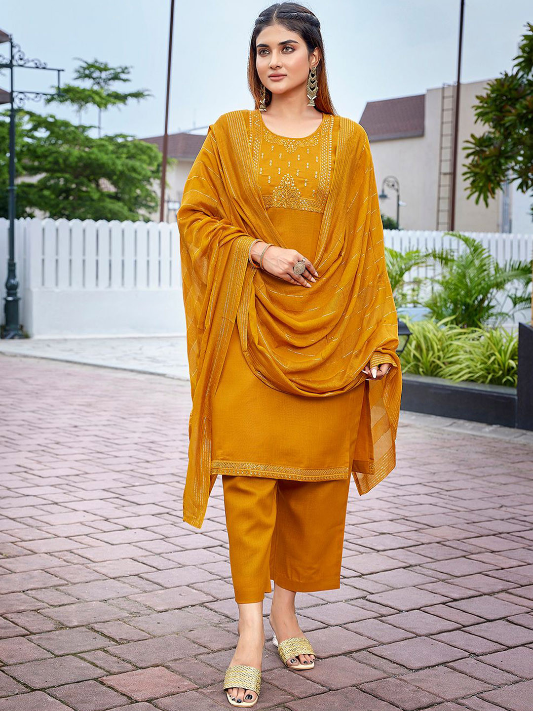 Royal Export Floral Woven Yoke Design Straight Zari Kurta With Trousers & Dupatta