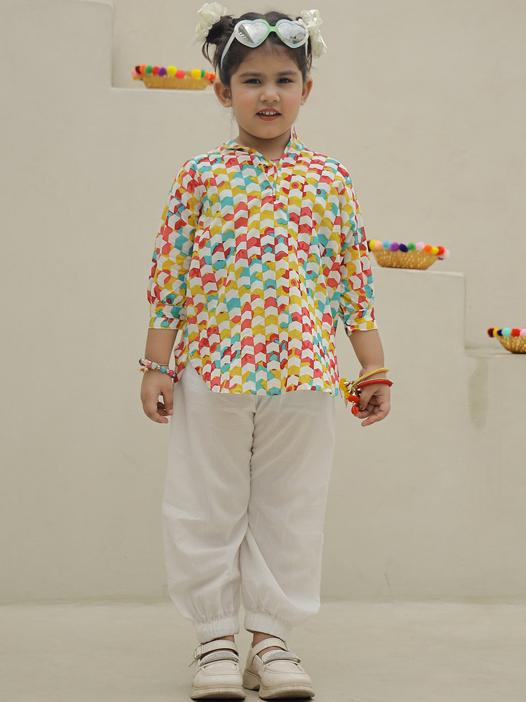 Hoshi by A&T Girls Geometric Printed Band Collar Thread Work Pure Cotton Kurta With Salwar