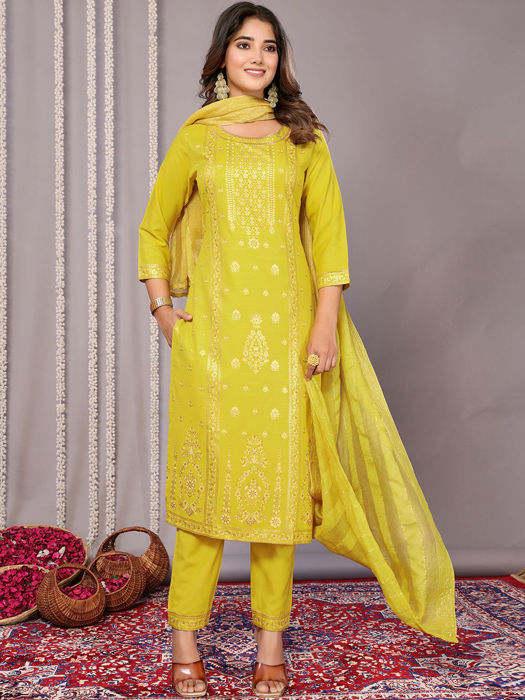 Royal Export Floral Block Printed Straight Kurta With Trouser & Dupatta