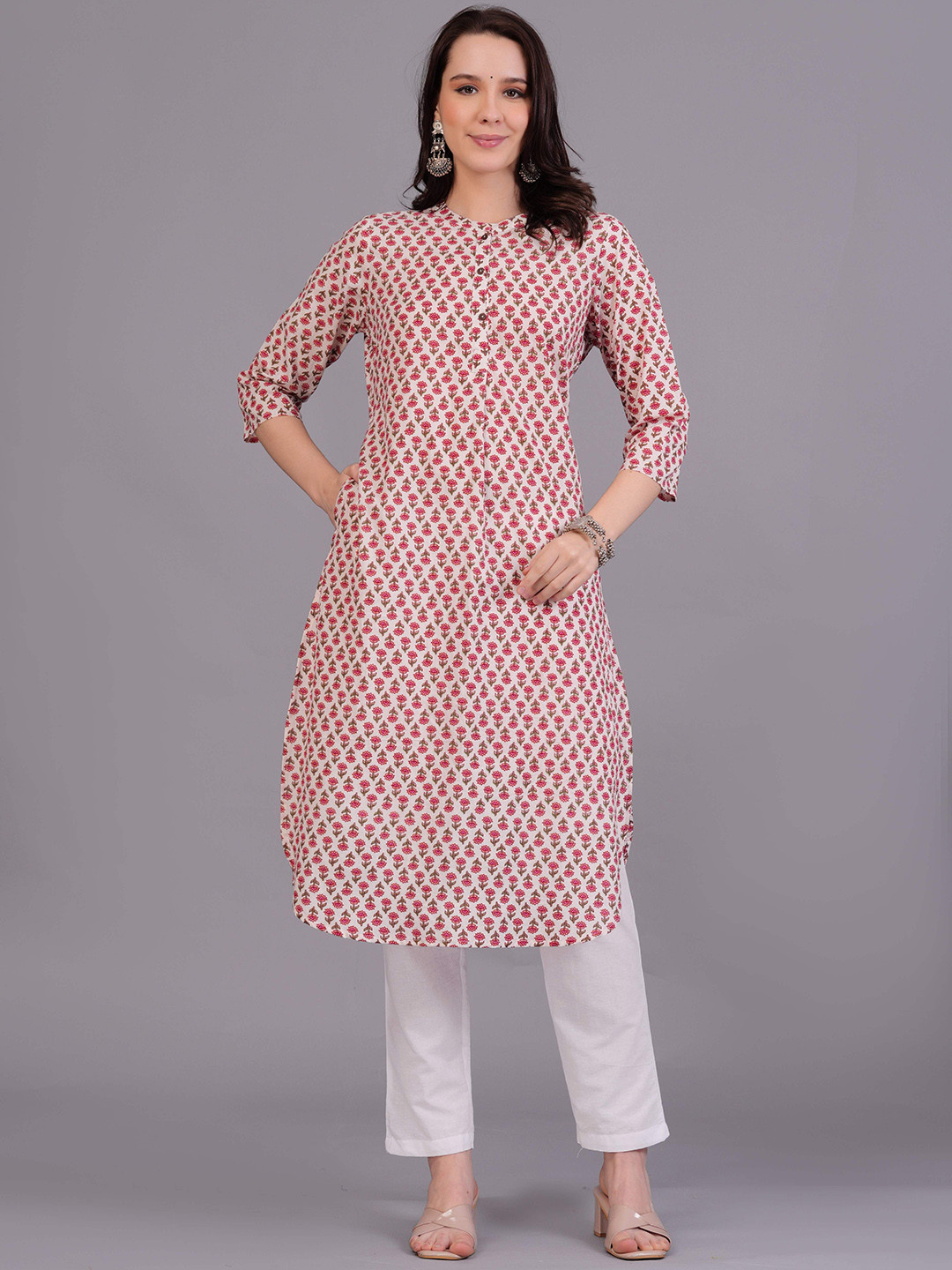 The Kurta Express Floral Printed Mandarin Collar Cotton Straight Kurta