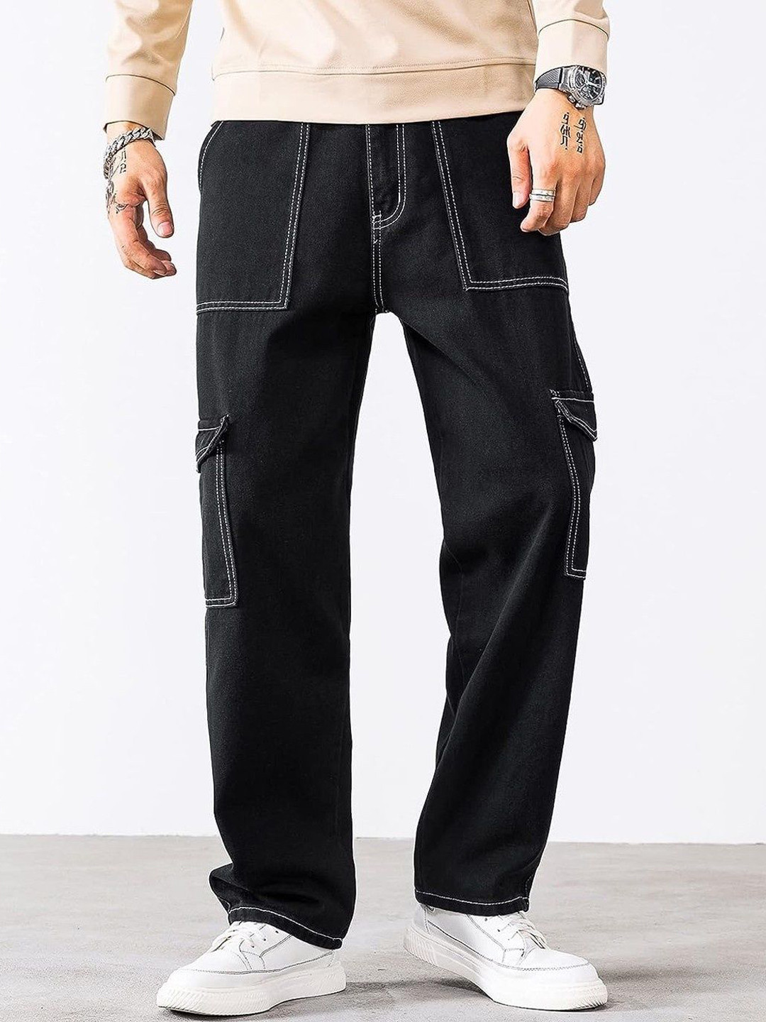 MASTERLY WEFT Men Black Regular Fit Super Low Distress Stretchable Jeans