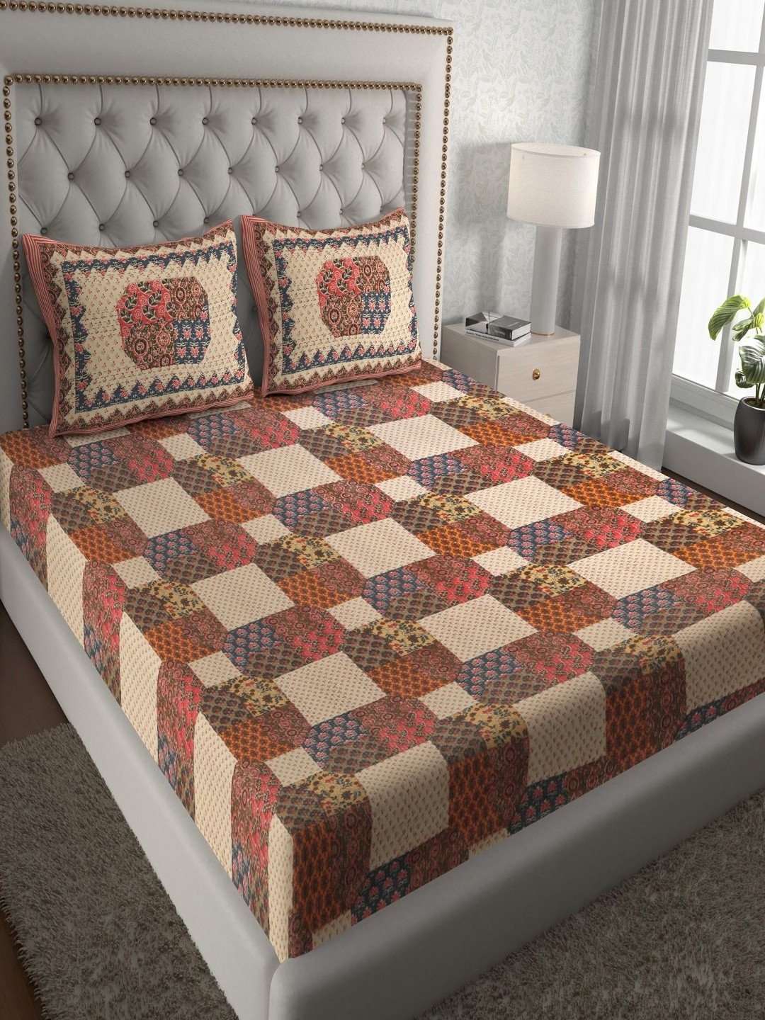 UNIQCHOICE Red Geometric Cotton 120 TC Queen Bedsheet with 2 Pillow Covers-93 x 85 inches