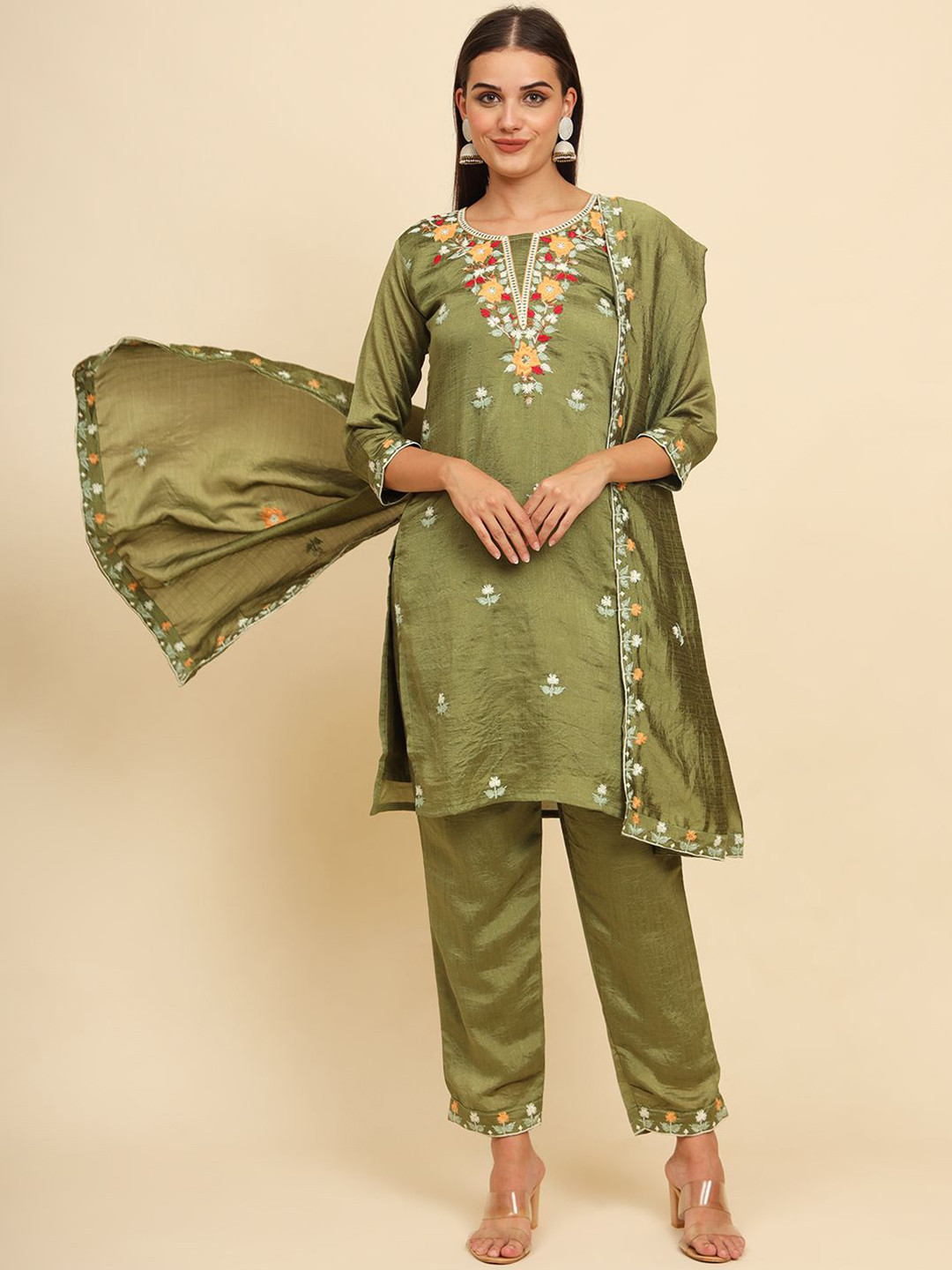 HERE&NOW Sosyo Floral Embroidered Straight Thread Work Kurta with Trouser & Dupatta