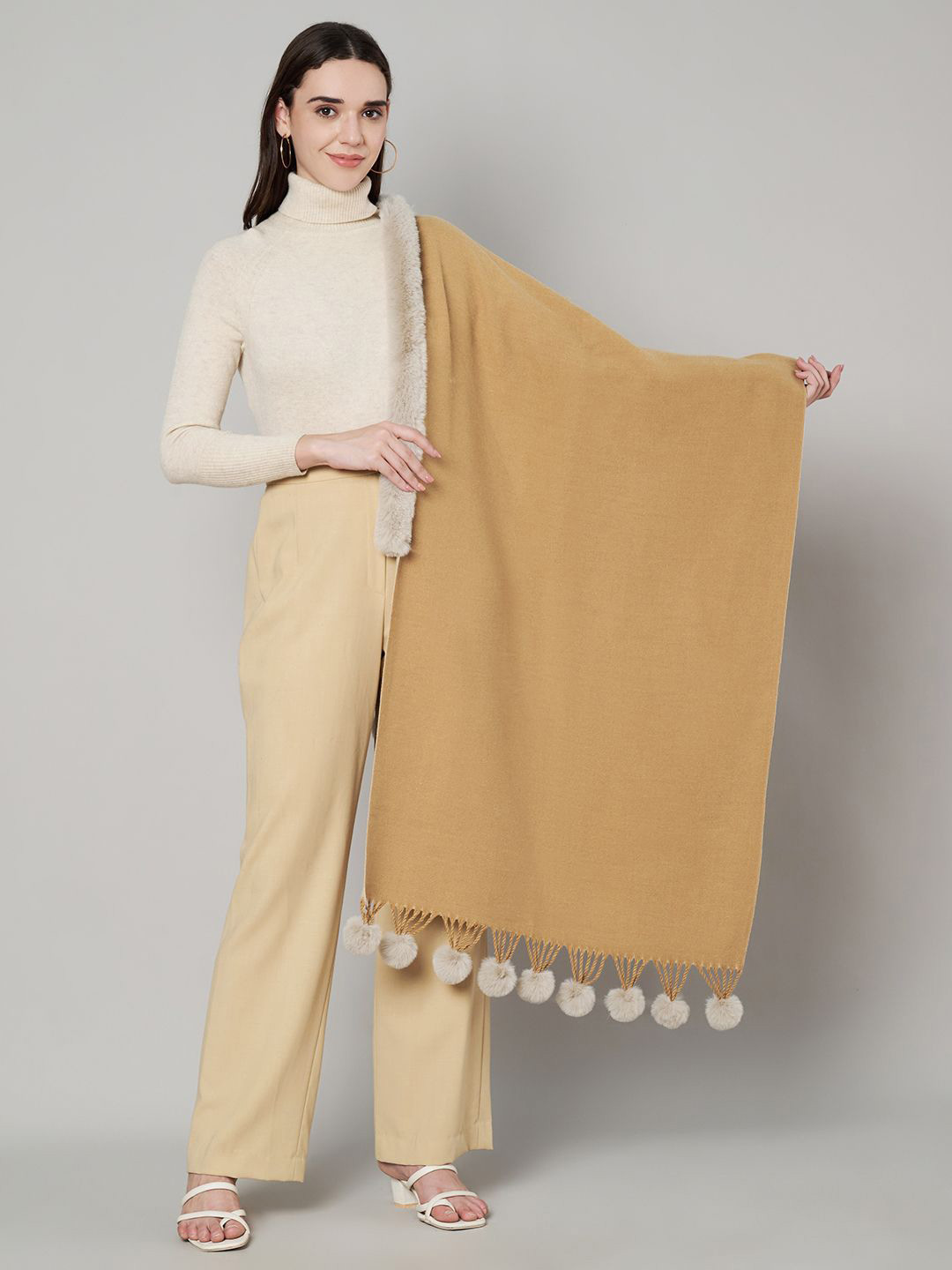 MUFFLY Women Beige Wool with Faux Fur in Neck & Pom Pom Balls Stole
