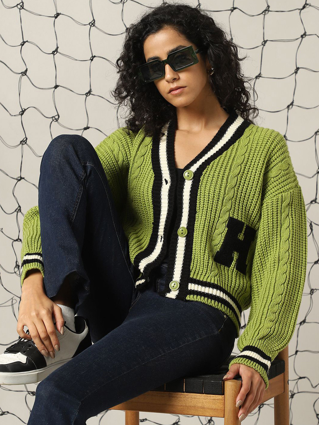 Hubberholme Women Varsity Boxy Fit Cable Knit Cardigan