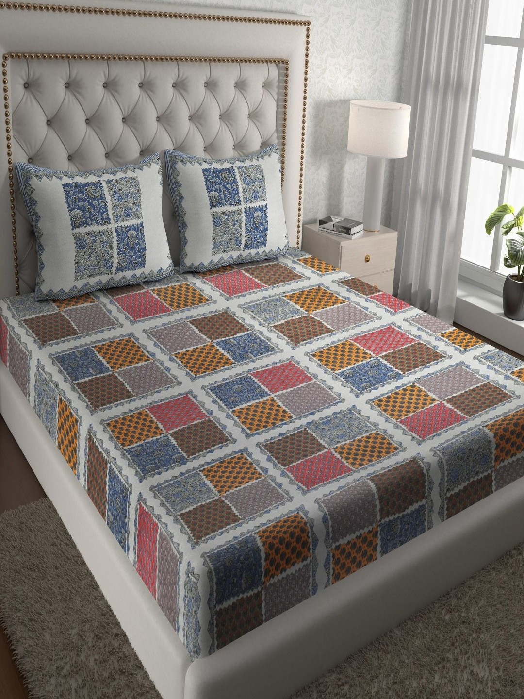 UNIQCHOICE Blue & Grey Geometric Cotton 120 TC Queen Bedsheet Set 2.35 m x 2.15 m