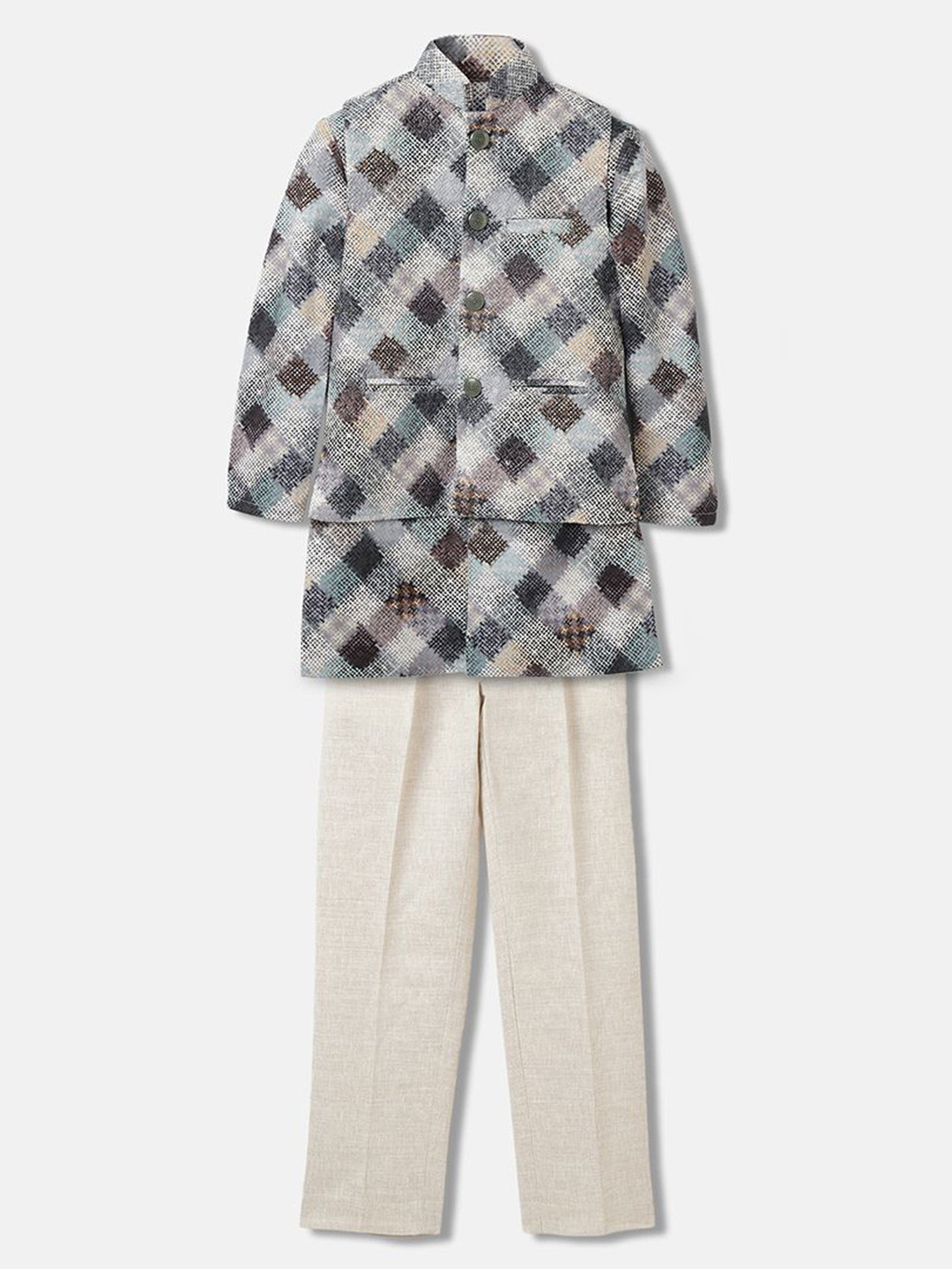 Blue Giraffe Boys Checked Mandarin Collar Full Sleeves 3-Piece Bandhgala Set