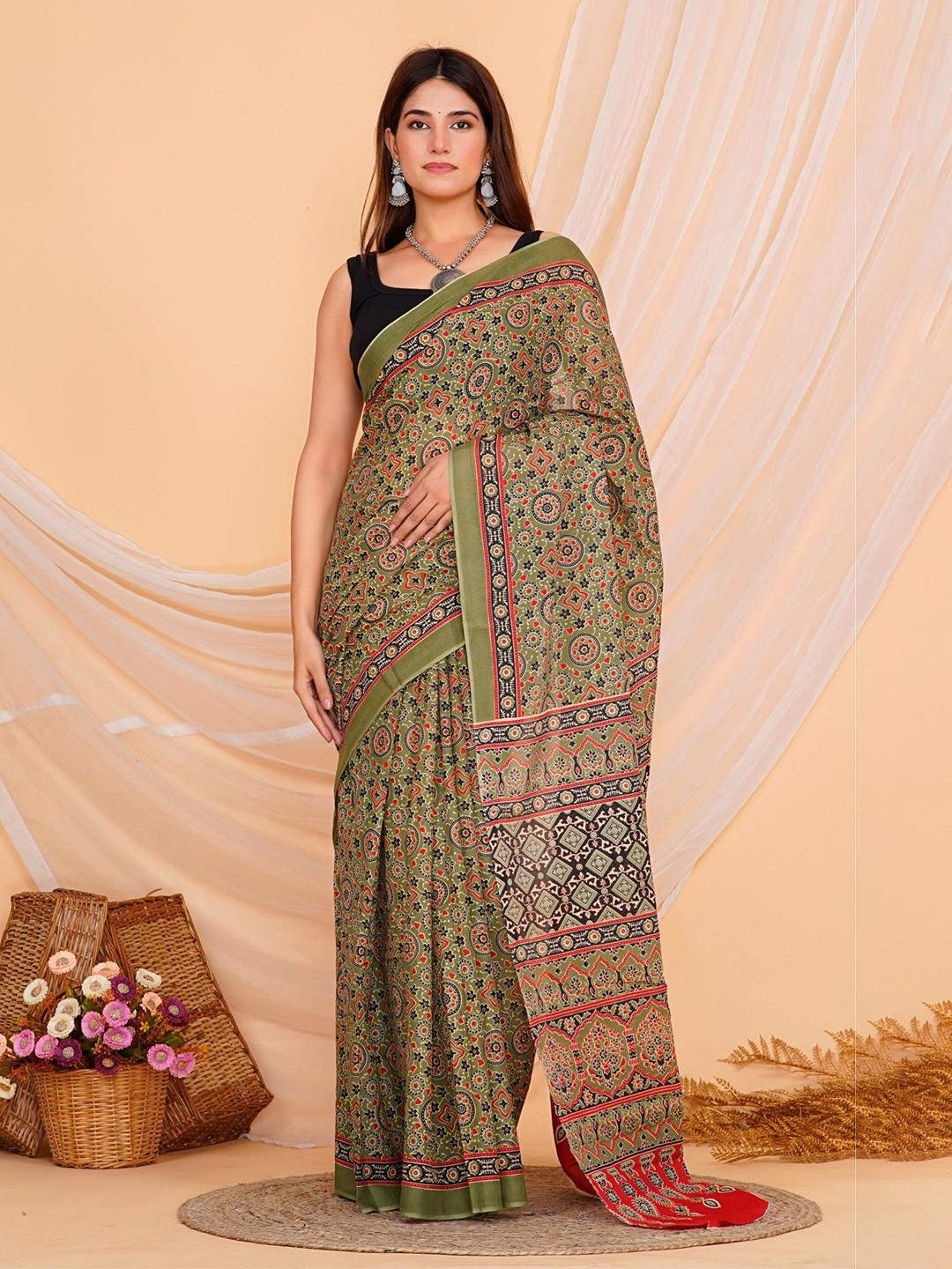 Shivanya  Handicrafts Ajrak Block Pure Cotton Block Print Saree Attach Blouse Piece