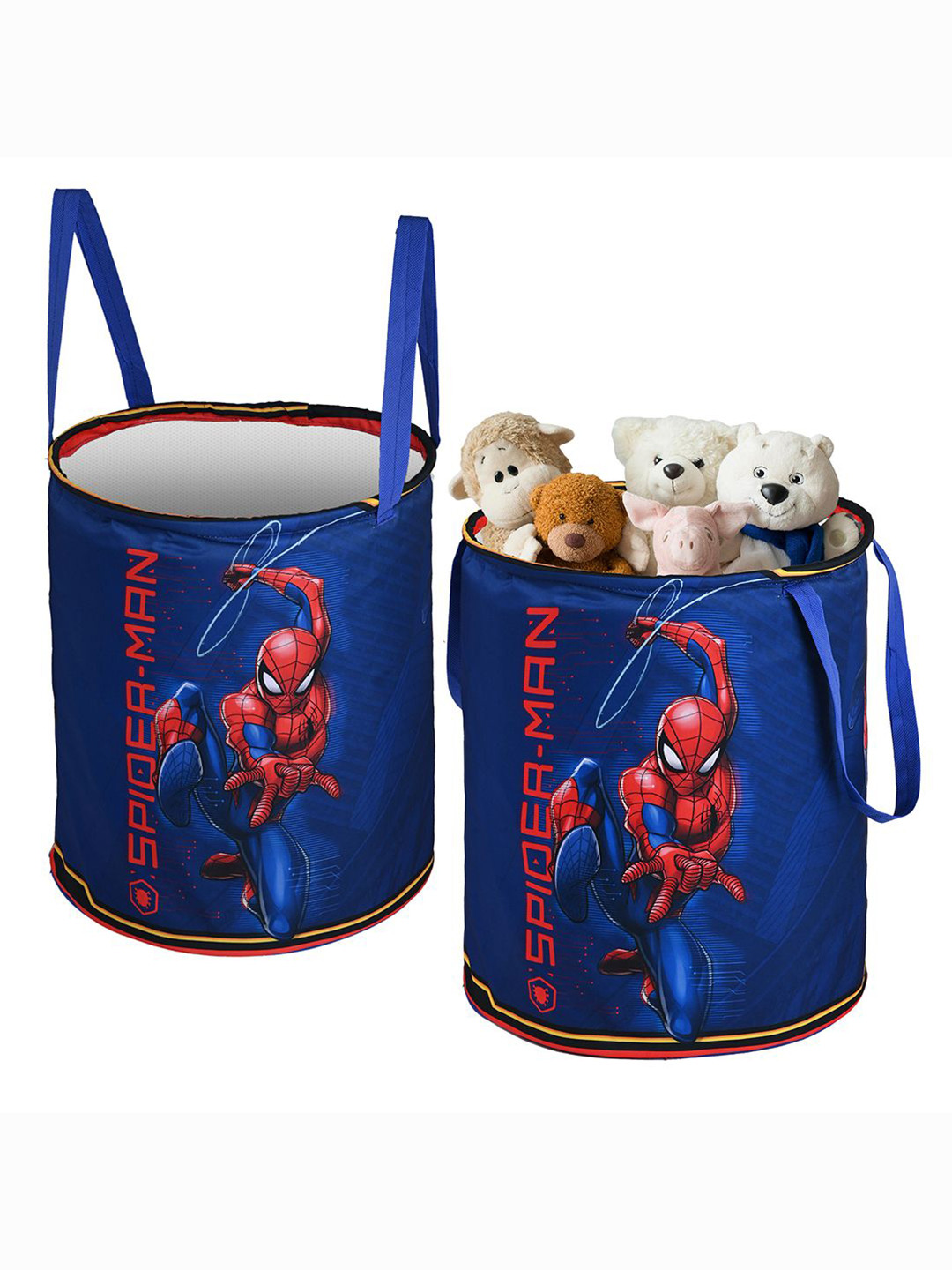 Kuber Industries Blue 2 Pieces Marvel Spiderman Printed Foldable Laundry Bags 45 L Each